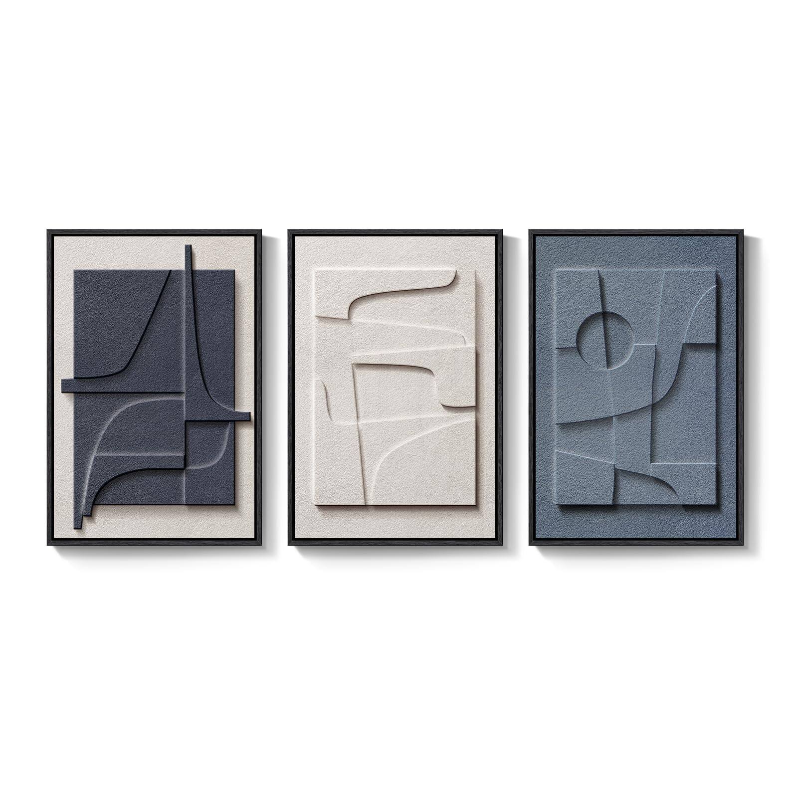 Alt View 5. Fabibe - 3D Textured Framed Blue and White Abstract Wall Art for Living Room, 3 Piece Modern Artwork for Walls, Minimalist Navy B - Black White 20" W x 30" H x 3Pcs.
