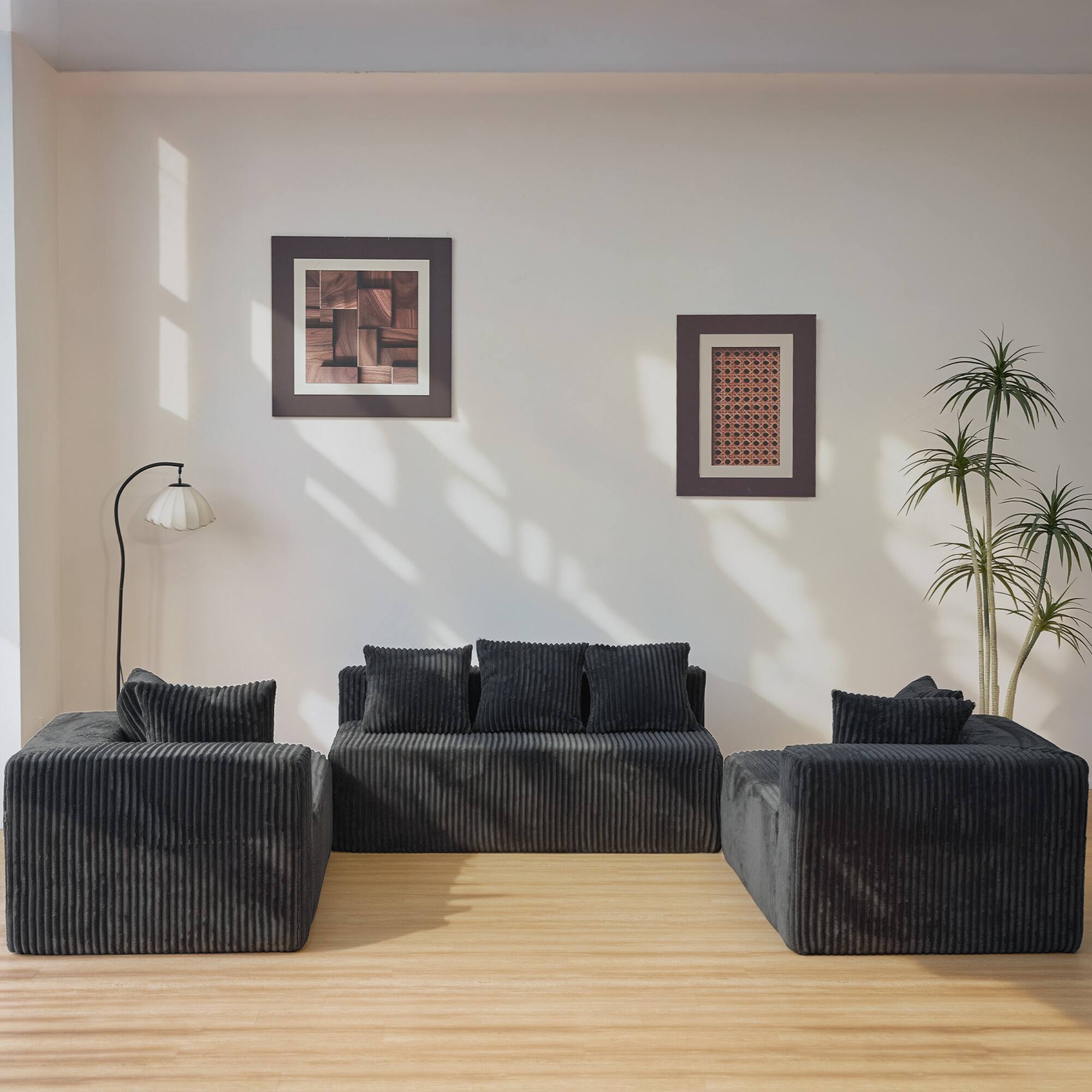 Alt View 5. Meqiodas - 130" Boneless Couch, Cloud Couch Sectional, Corduroy Sofa for Living Room, U Shaped Modular Sofa, No Assembly - Black.