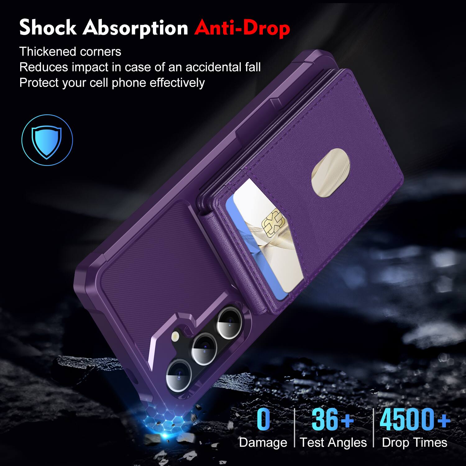 Shock Absorption Anti-Drop  
Thickened corners  
Reduces impact in case of an accidental fall  
Protect your cell phone effectively  

0 Damage  
36+ Test Angles  
4500+ Drop Times