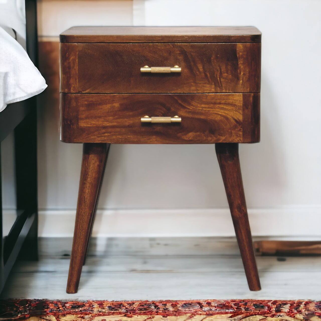 Alt View 6. Artisan Furniture - Artisan Furniture Solid Wood Chestnut T-Bar Nordic Nightstand, 2 Drawers, Nordic legs, Dark Brown - Chestnut.