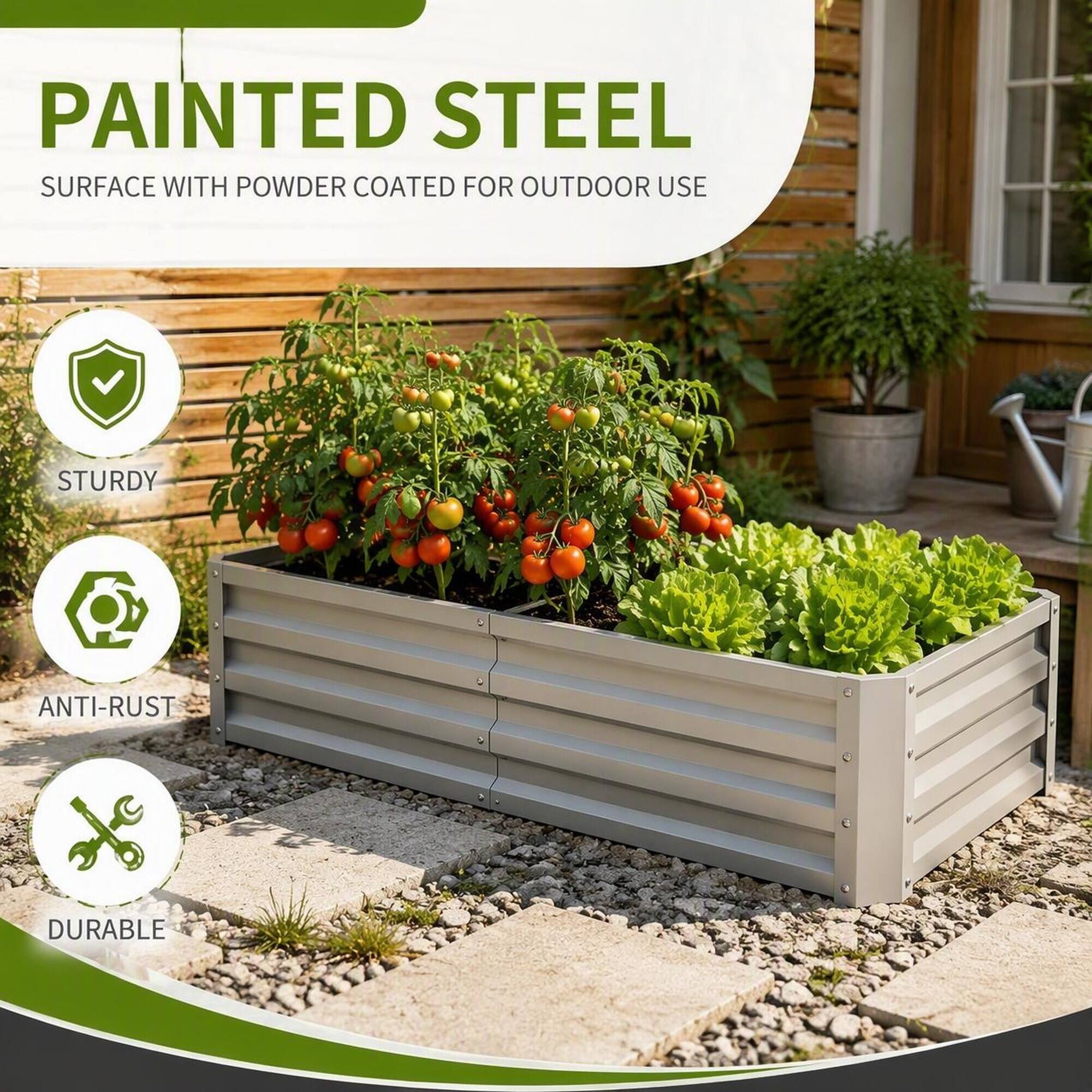 PAINTED STEEL  
SURFACE WITH POWDER COATED FOR OUTDOOR USE  

STURDY  
ANTI-RUST  
DURABLE