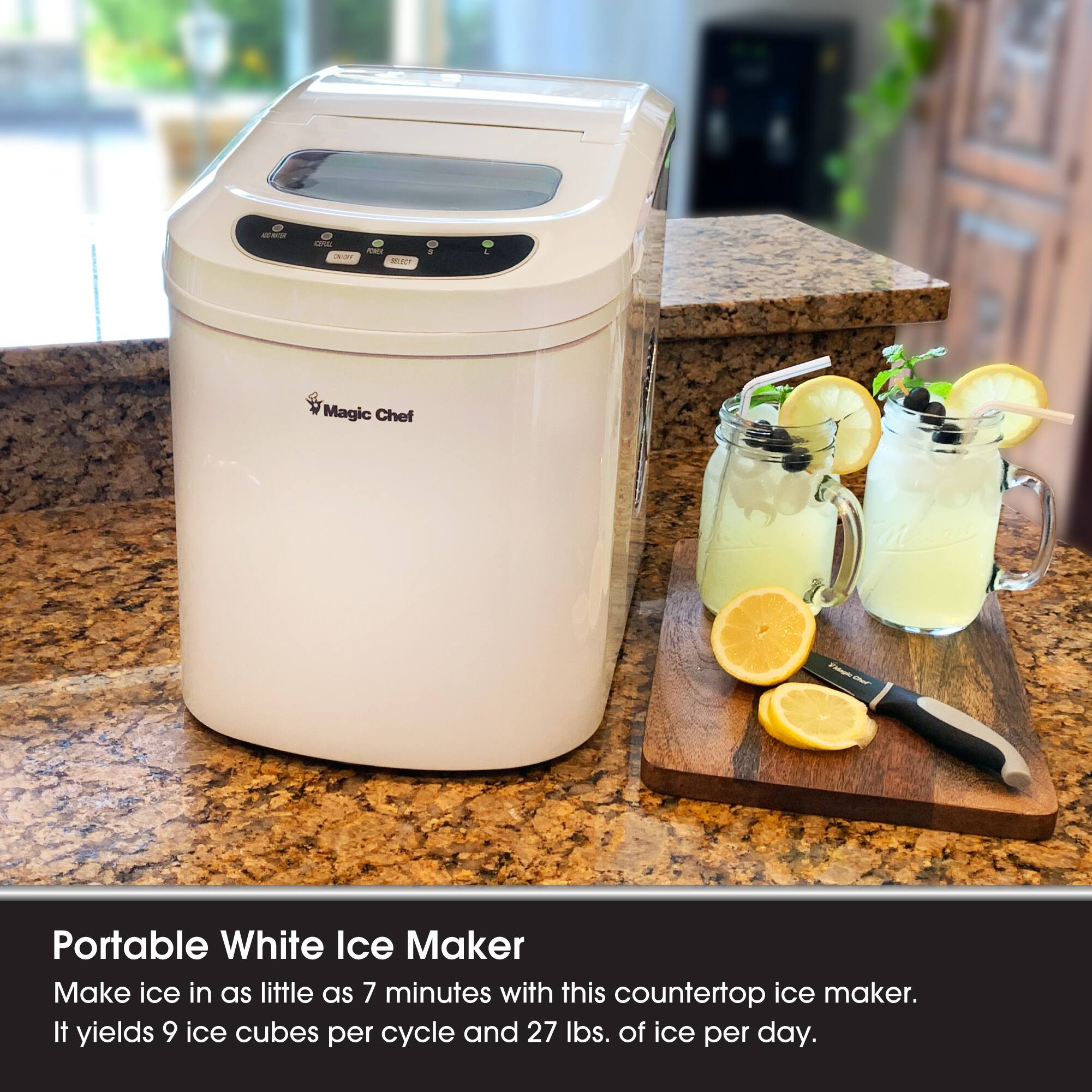CE MP .. i WRT a - Magic Chef ~ Portable White Ice Maker

Make ice in as little as 7 minutes with this countertop ice maker. It yields 9 ice cubes per cycle and 27 lbs. of ice per day.