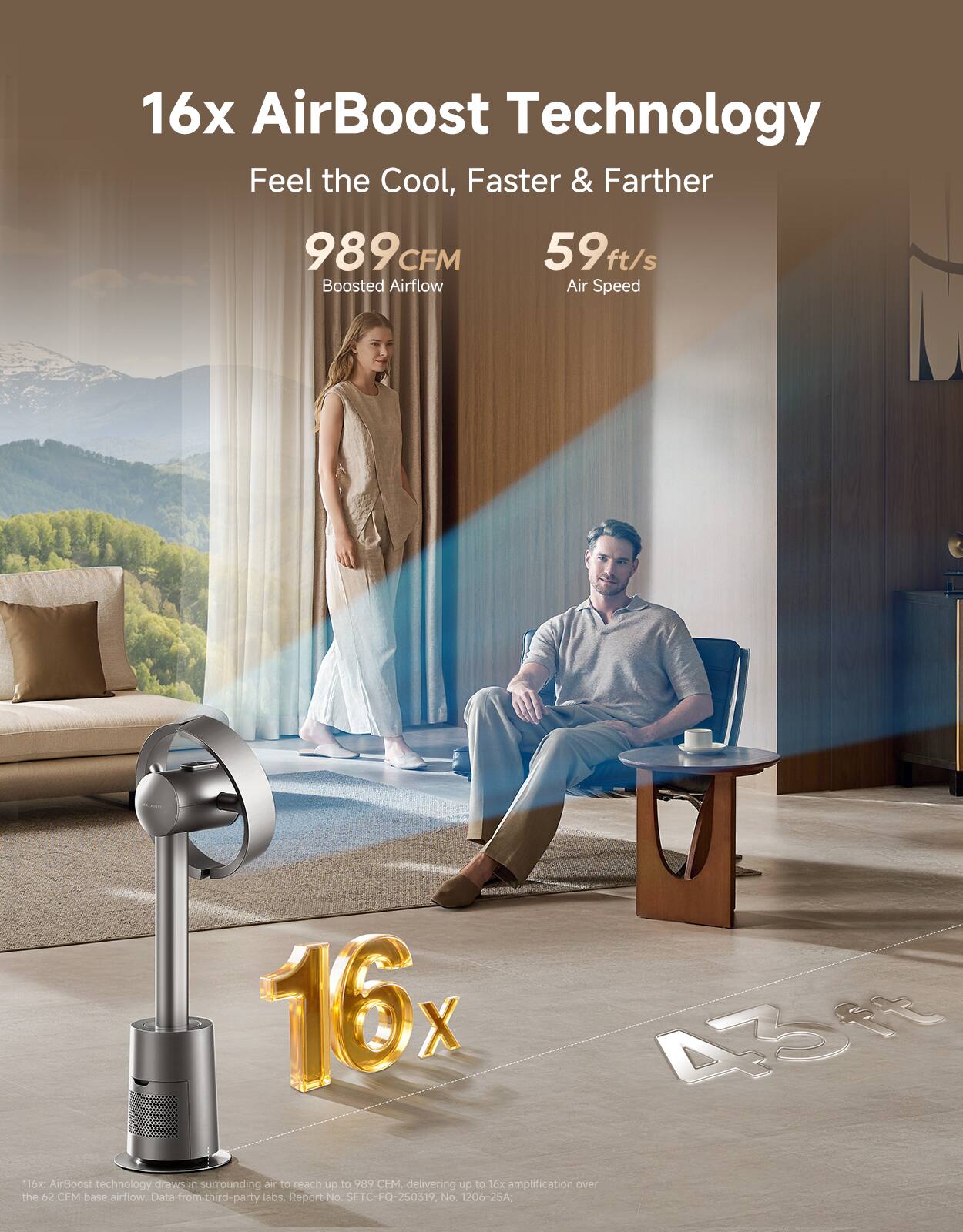 16x AirBoost Technology  
Feel the Cool, Faster & Farther  

989 CFM  
Boosted Airflow  

59 ft/s  
Air Speed  

16x AirBoost technology draws in surrounding air to reach up to 989 CFM, delivering up to 10x amplification over the 62 CFM base airflow. Data from third-party labs. Report No. SFTC-FQ-250319 No. 1206-25A