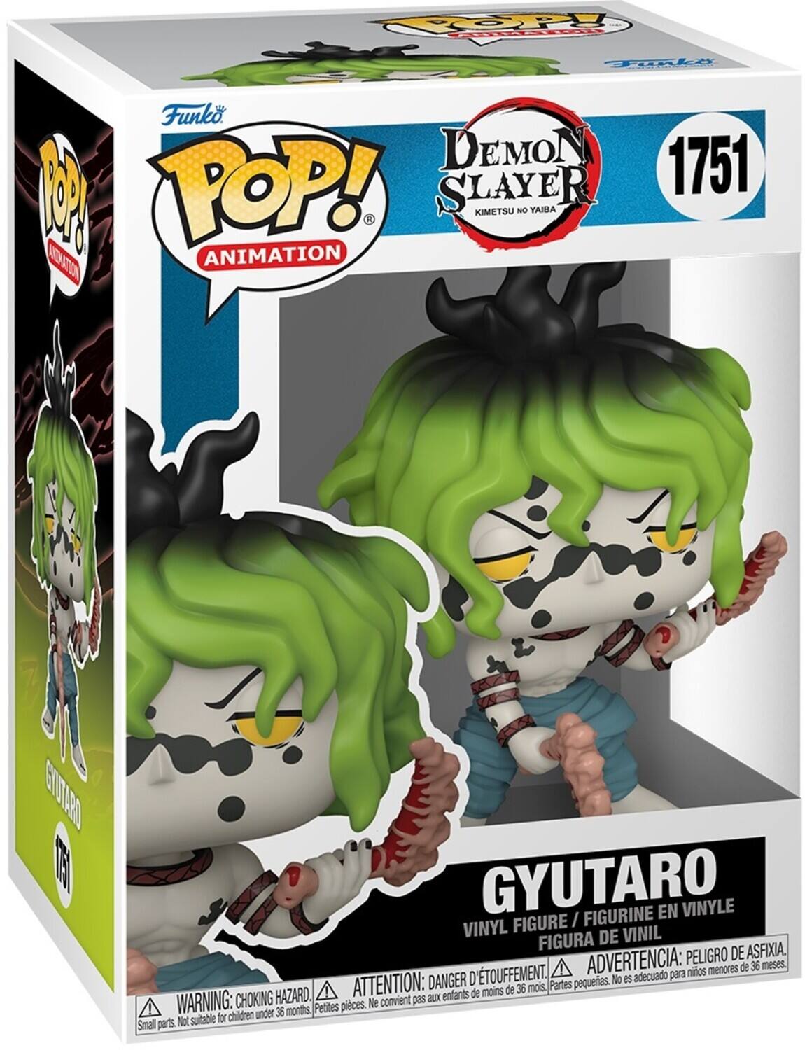 Sure, here is the corrected and grouped text from the image:

---

**Funko POP! ANIMATION**

**Demon Slayer Kimetsu no Yaiba**

**1751**

**GYUTARO**

**VINYL FIGURE / FIGURINE EN VINYLE / FIGURA DE VINIL**

**WARNING: CHOKING HAZARD. Small parts. Not suitable for children under 36 months.**

**ATTENTION: DANGER D'ÉTOUFFEMENT. Petites pièces. Ne convient pas aux enfants de moins de 36 mois.**

**ADVERTENCIA: PELIGRO DE ASFIXIA. No es adecuado para niños menores de 36 meses.**

---

This text is organized to reflect the information on the packaging.
