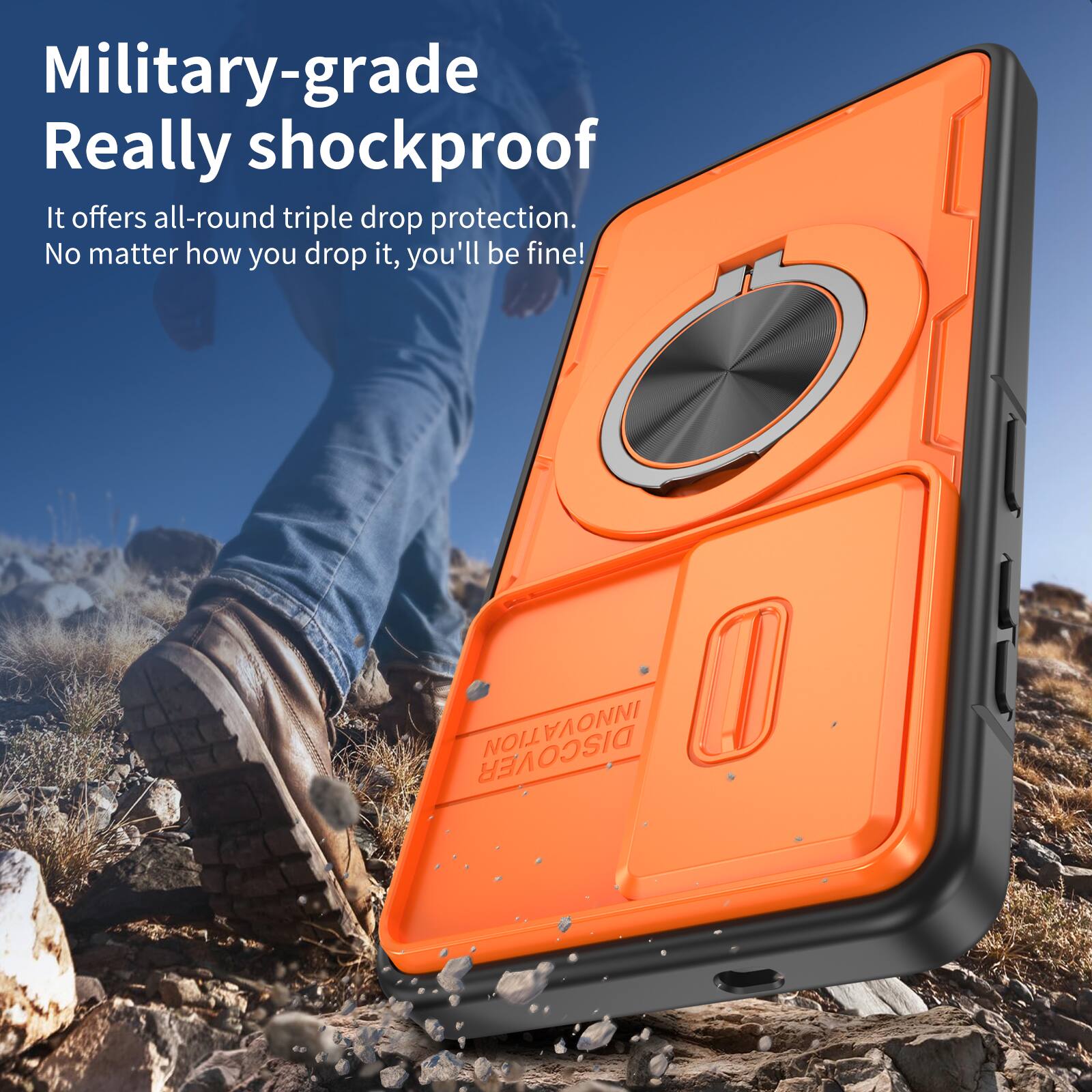 Military-grade Really shockproof.  
It offers all-round triple drop protection.  
No matter how you drop it, you'll be fine!  

DISCOVER TION MOITAVONNI