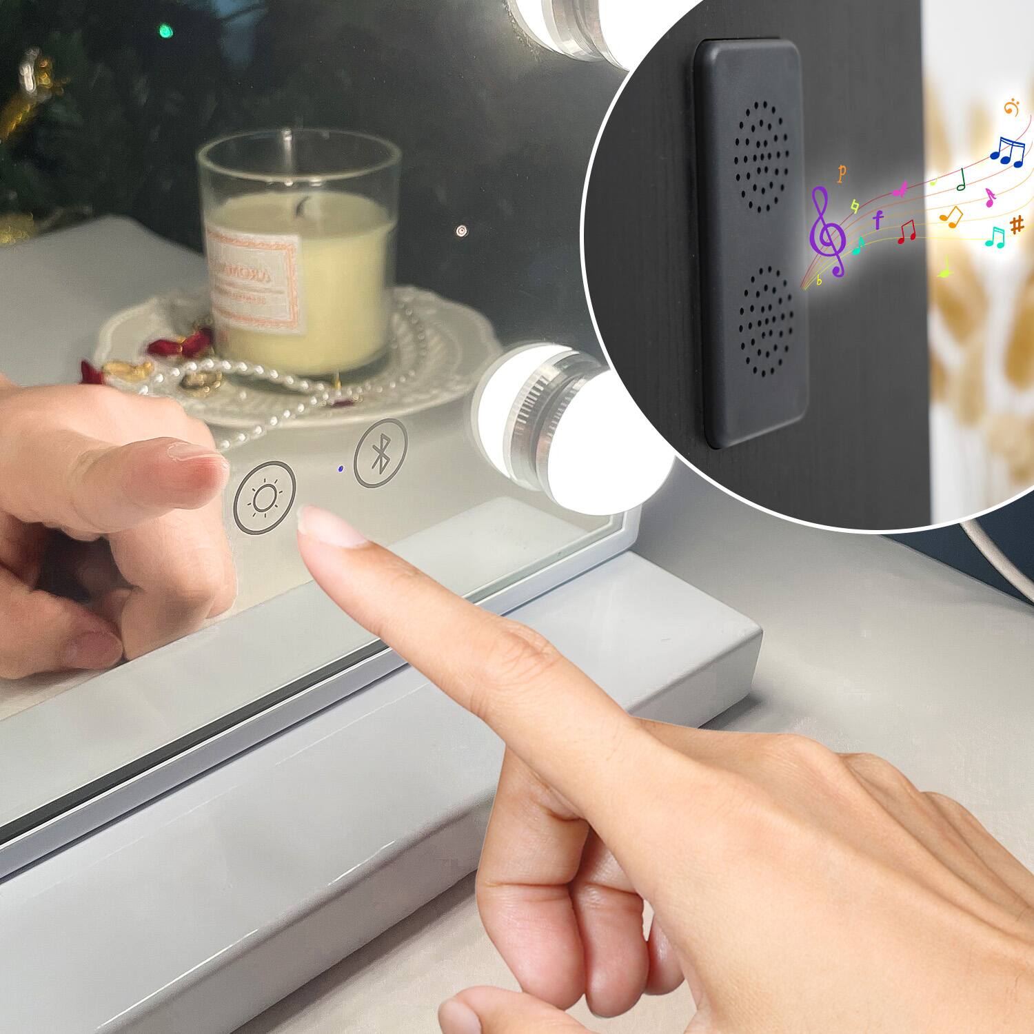 Angle. APRILSOUL - Vanity Mirror with Lights and Bluetooth Speaker Mirror with 15 Dimmable LED Bulbs USB Charge Port 3 Color Lighting Modes.