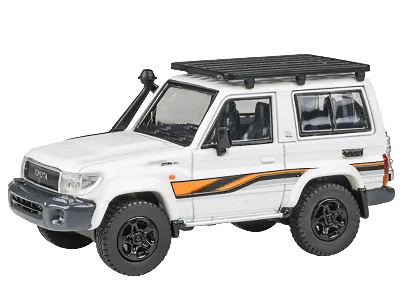Alt View 4. Paragon - 2023 Toyota Land Cruiser 71 White "70th Anniversary" with Stripes and Roofrack 1/64 Diecast Model Car by Paragon.