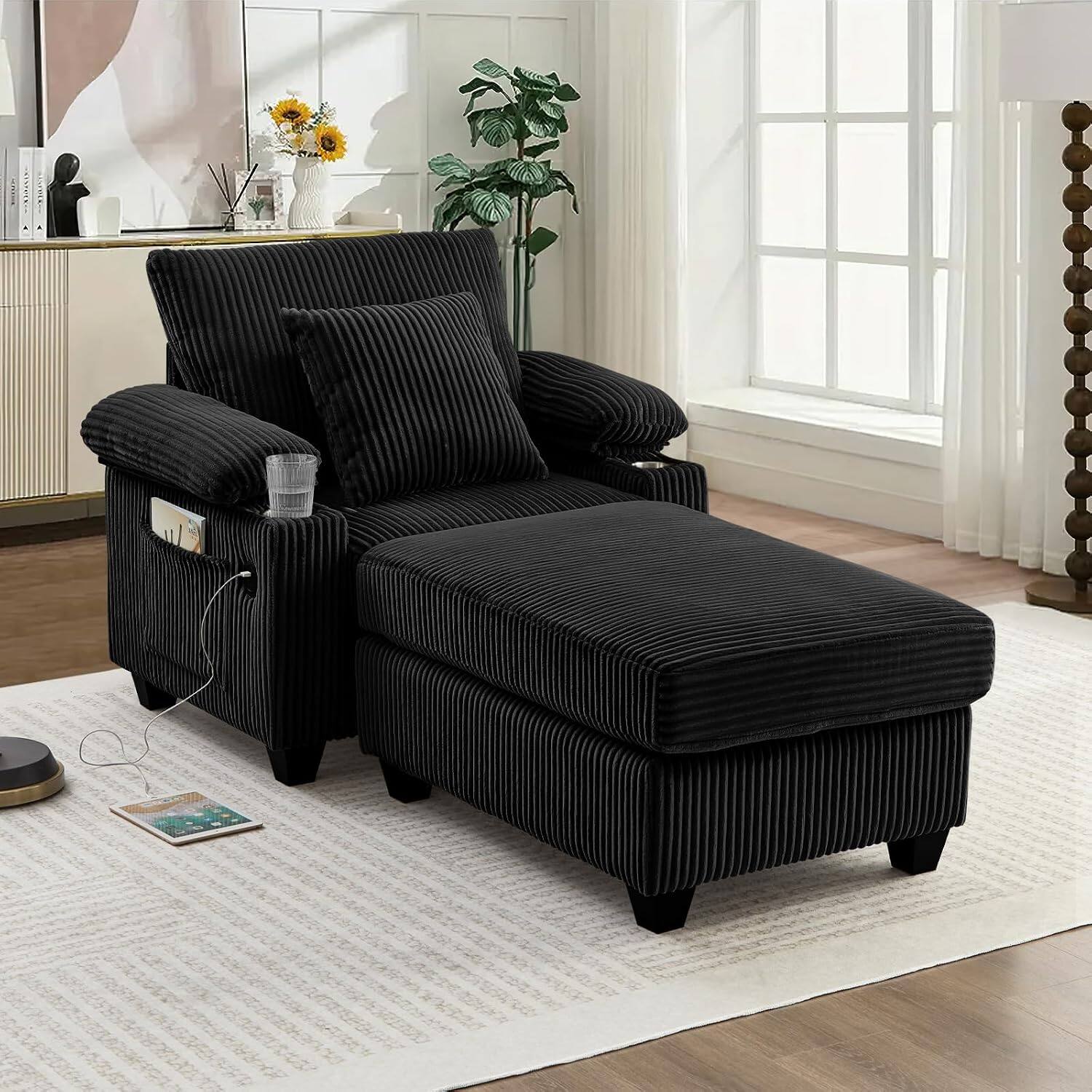 Alt View 7. Trinkets Crazed - Comfy Cloud Corduroy Chaise Lounge Chair with Ottoman, Single Sleeper Sofa with USB Charging & Storage Armrests - Black.