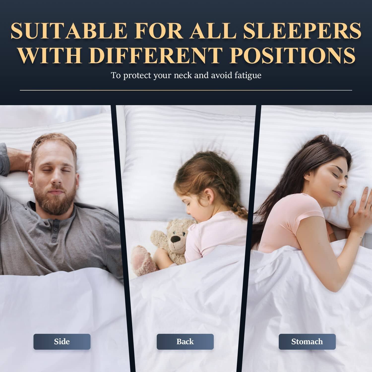 SUITABLE FOR ALL SLEEPERS WITH DIFFERENT POSITIONS

To protect your neck and avoid fatigue

Side
Back
Stomach