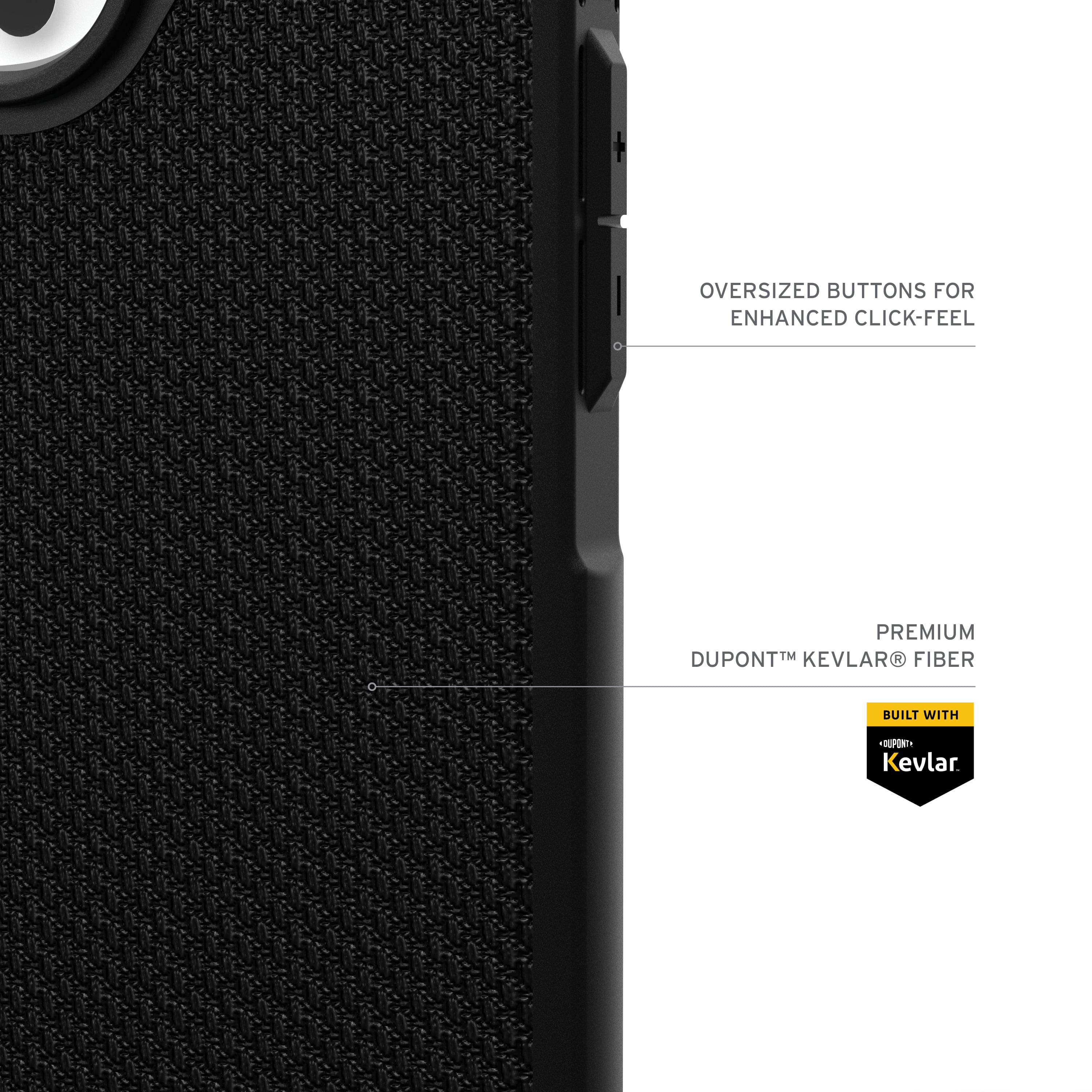 The text on the image is grouped and corrected as follows:
"Oversized buttons for enhanced click-feel. Premium DupontTM Kevlar® fiber built with -UP Kevlar®."