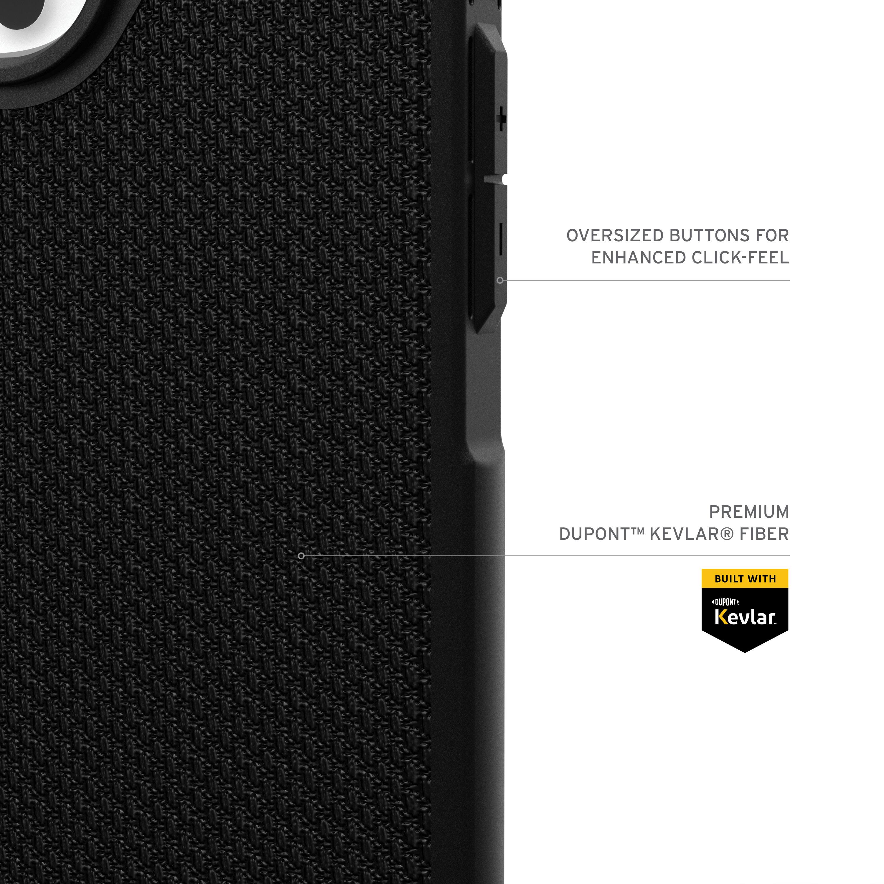 The text on the image is grouped and corrected as follows:

"Oversized buttons for enhanced click-feel. Premium DupontTM Kevlar® fiber built with -UP Kevlar®."