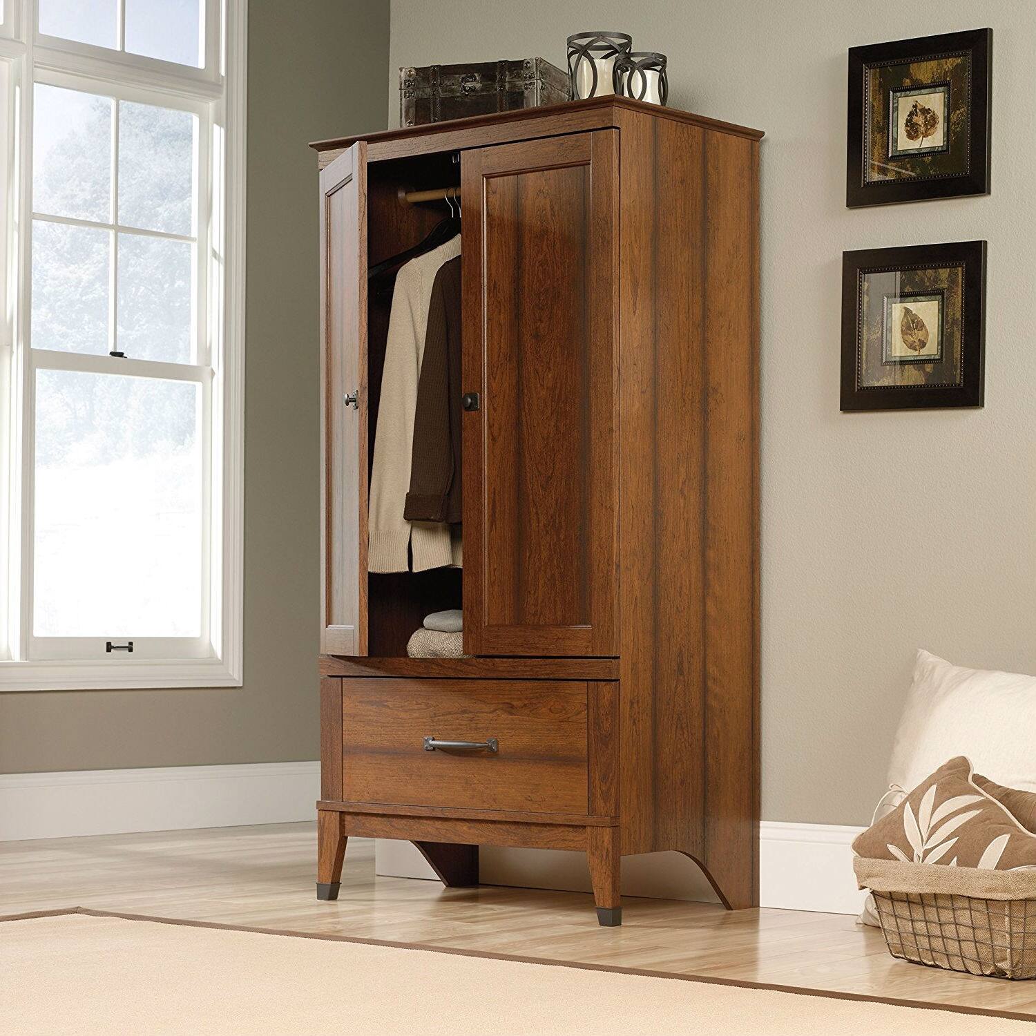 Left. Hivvago - Bedroom Wardrobe Cabinet Storage Armoire in Medium Brown Cherry Wood Finish - Brown.