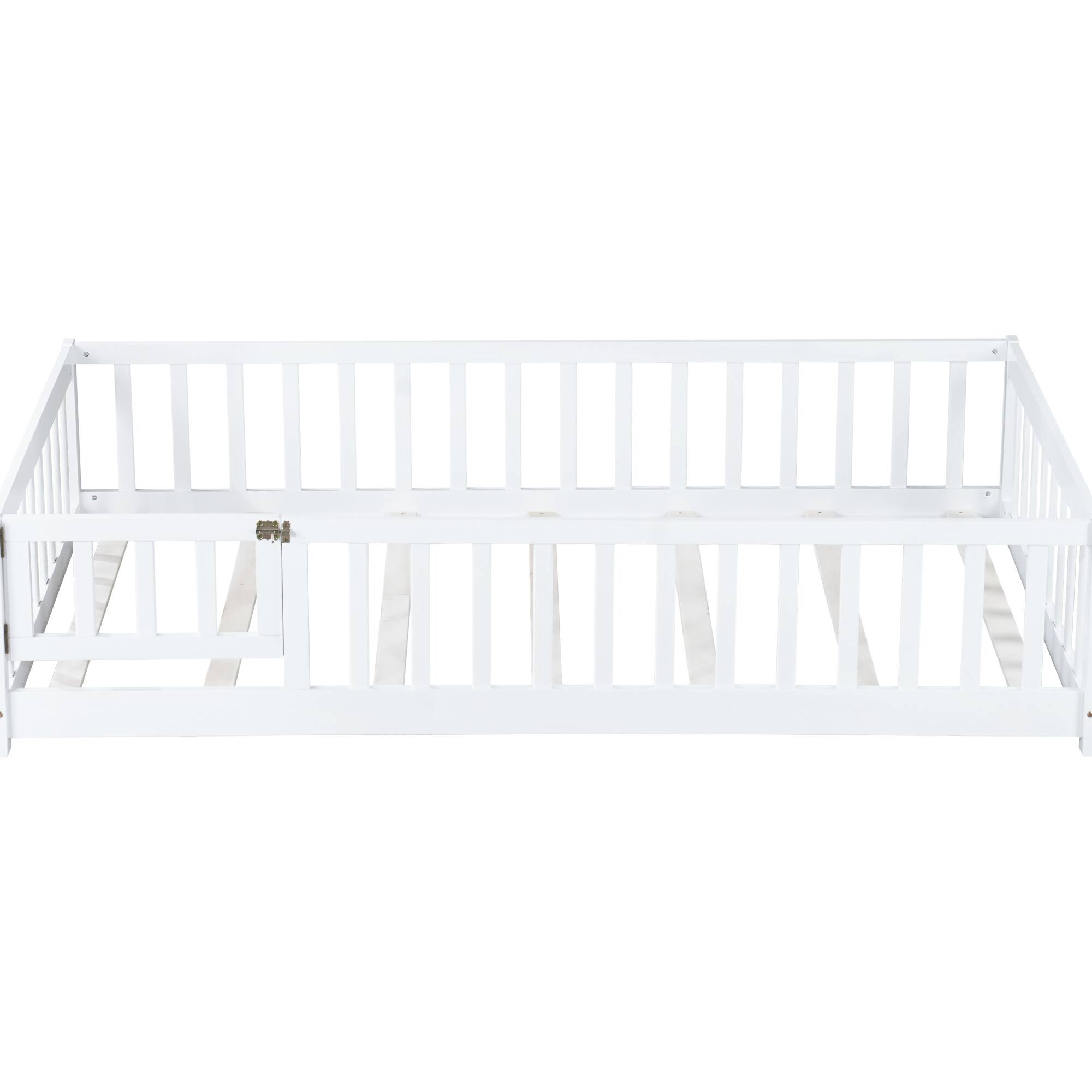 Alt View 8. GOODSILO - Twin Size Low-Profile Children's Floor Bed with Safety Guardrails and Entry Door, Natural Wood Finish - White.