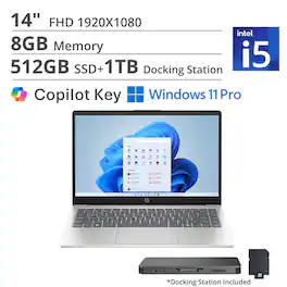 HP - 14" FHD Laptop,Intel Core i5-1334U,8GB DDR4,512GB SSD+1TB Dock Station,Intel Iris Xe GPU,Copilot,Win 11 Pro - Silver