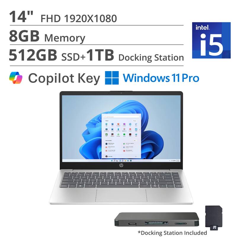 14" FHD 1920x1080  
8GB Memory  
512GB SSD + 1TB  
Intel i5  
Copilot Key  
Windows 11 Pro  
Docking Station Included