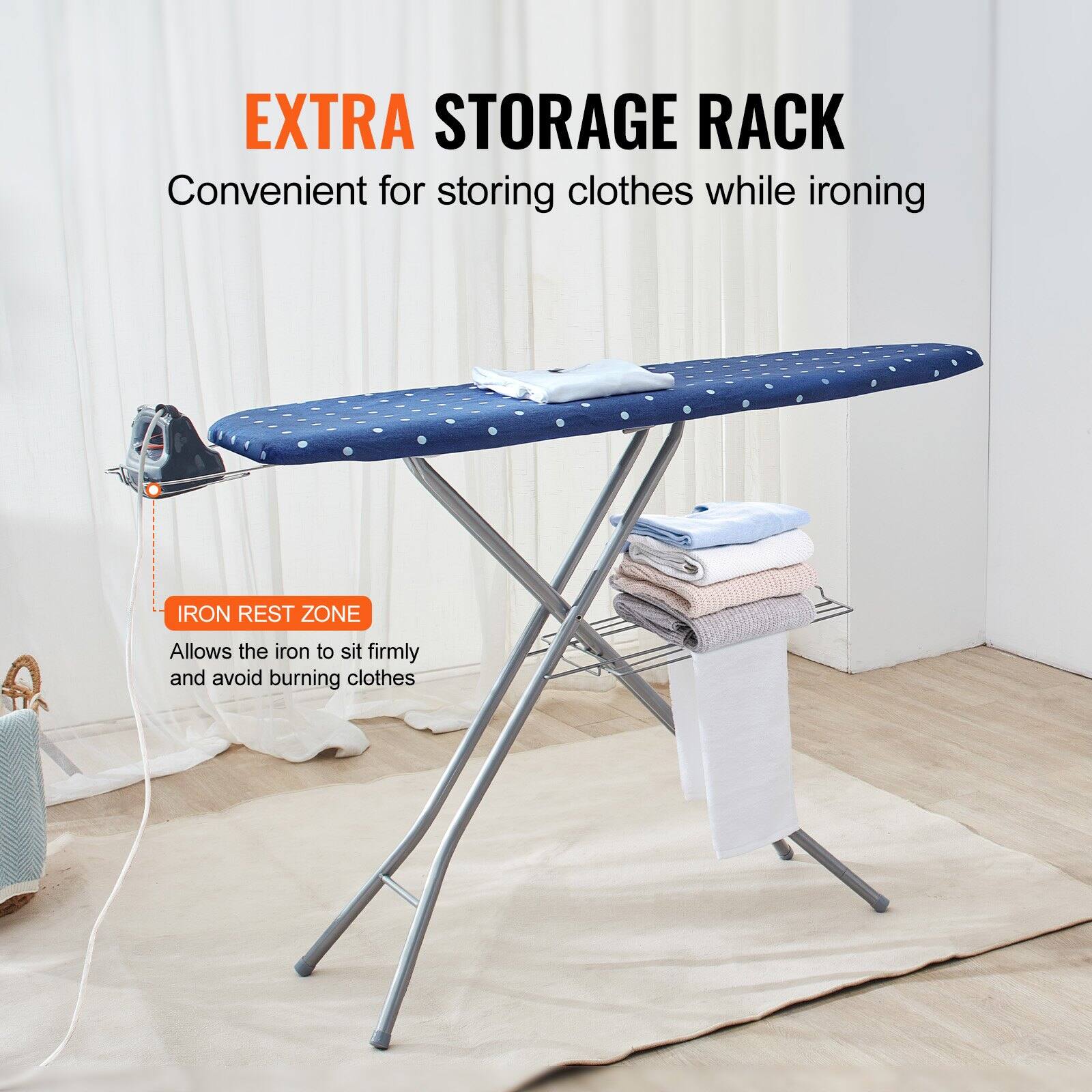 **EXTRA STORAGE RACK**  
Convenient for storing clothes while ironing

**IRON REST ZONE**  
Allows the iron to sit firmly and avoid burning clothes