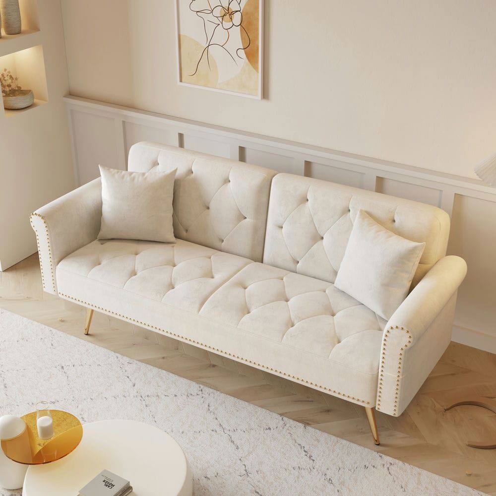 Alt View 1. Resenkos - 69.7" Velvet Sofa Bed with Nail Head Trim & Matching Throw Pillow - Beige.