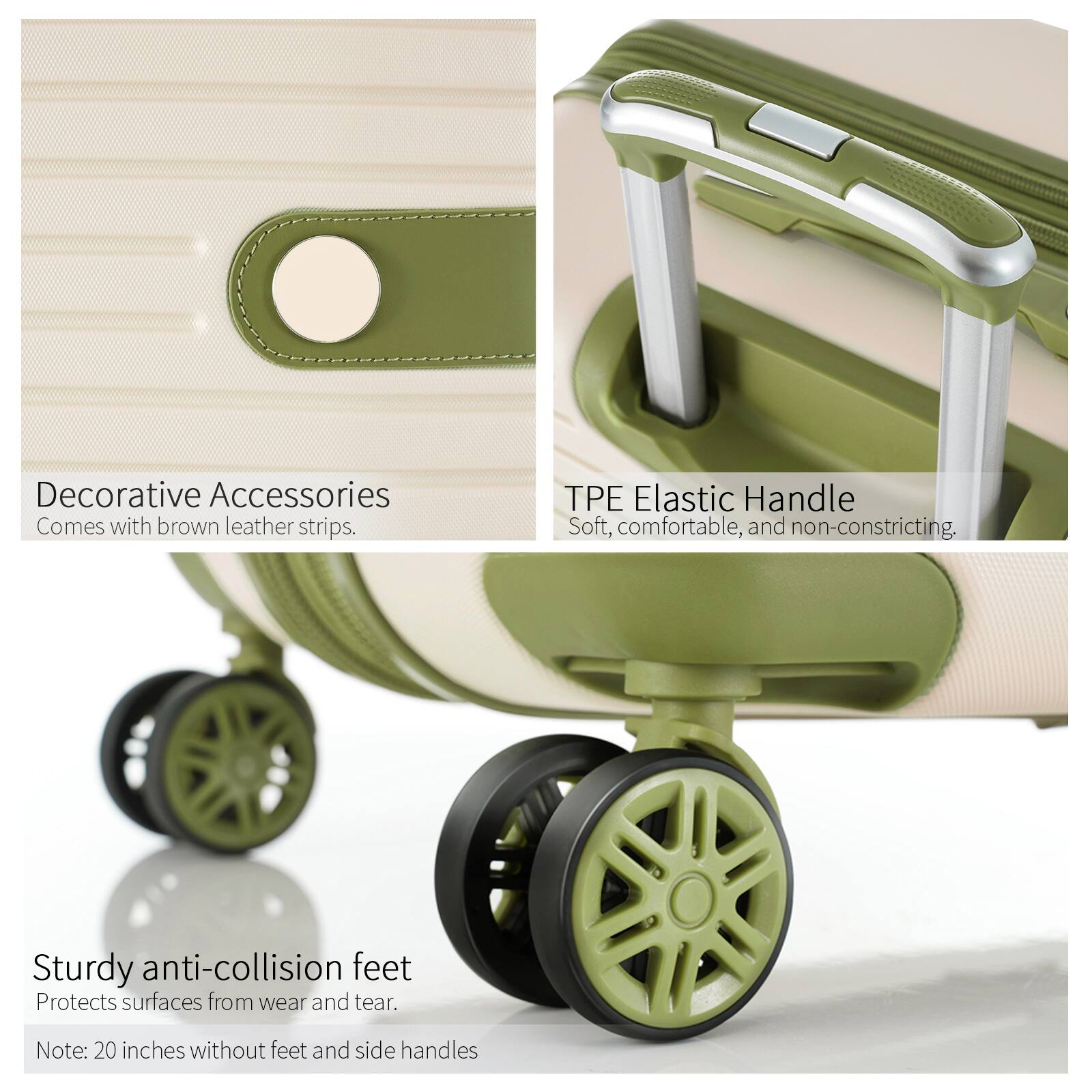 Decorative Accessories  
Comes with brown leather strips.

TPE Elastic Handle  
Soft, comfortable, and non-constricting.

Sturdy anti-collision feet  
Protects surfaces from wear and tear.

Note: 20 inches without feet and side handles