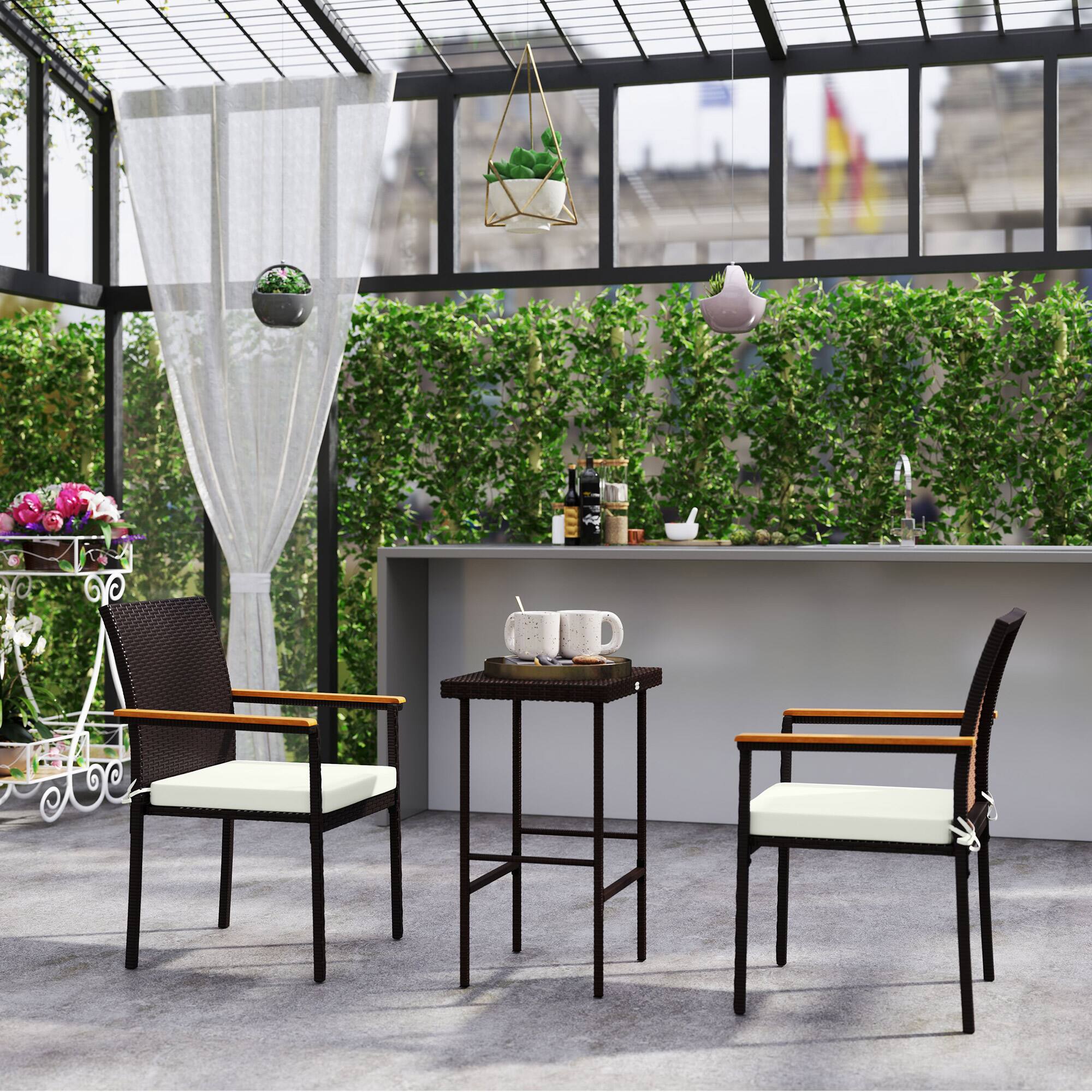 Alt View 8. Outsunny - Wicker Outdoor Dining Chairs Set of 2, Stackable PE Rattan Patio Dining Chairs with Cushions and Acacia Wood Armrests - Cream White.