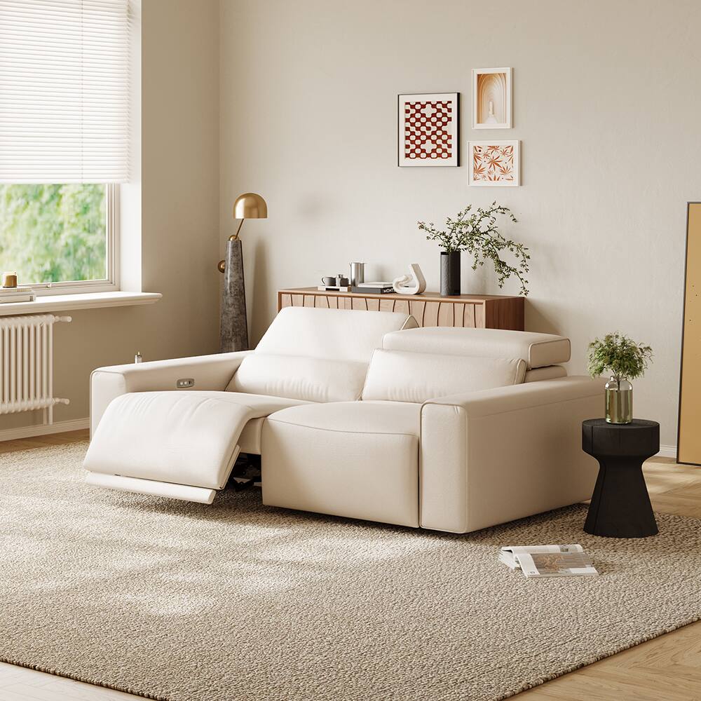 Angle. POVISON - 79" Modern Power Reclining Loveseats Sofa with Dual Charging,  Deep Modular 90°-145° Recline, Luxury Leather,  Black - Beige Sustainable Leather.