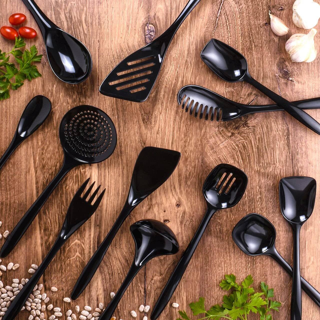 Left. Hutzler - 12 Piece Cook & Serve Melamine Utensil Set - Black - Black.