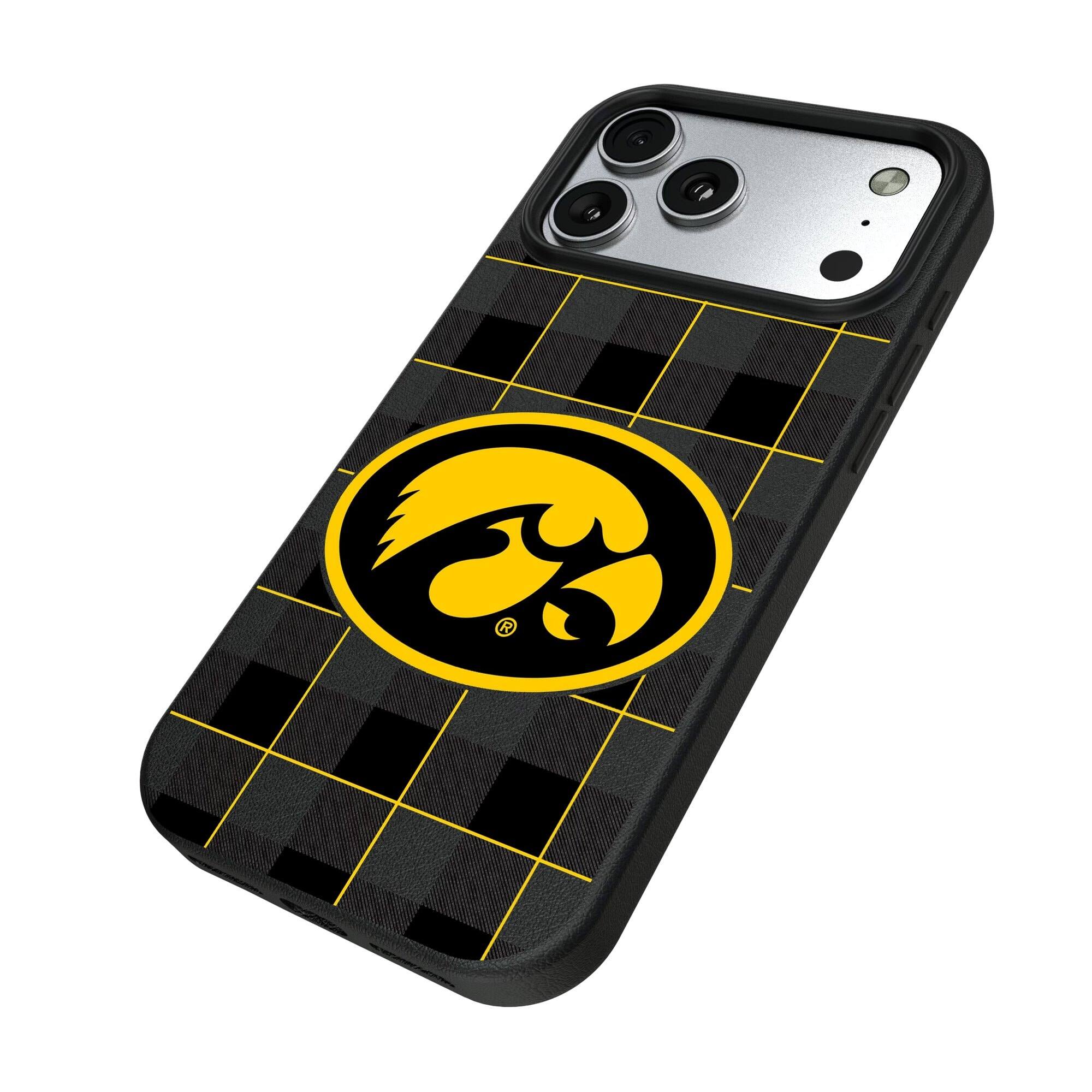 Alt View 1. Keyscaper - Iowa Hawkeyes Plaid Magnetic Bump iPhone Case - 16 Pro Max - Black.