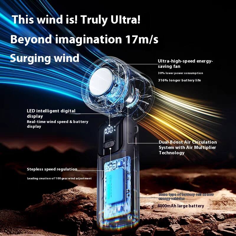 This wind is! Truly Ultra!  
Beyond imagination 17m/s  
Surging wind  

Ultra-high-speed energy-saving fan  
30% lower power consumption  
316% longer battery life  

LED intelligent digital display  
Real-time wind speed & battery display  

Stepless speed regulation  
Leading creation of 100 gear wind adjustment  

Dual Boost Air Circulation System with Air Multiplier Technology  

Same type of battery cell as new energy vehicles  
4000mAh large battery