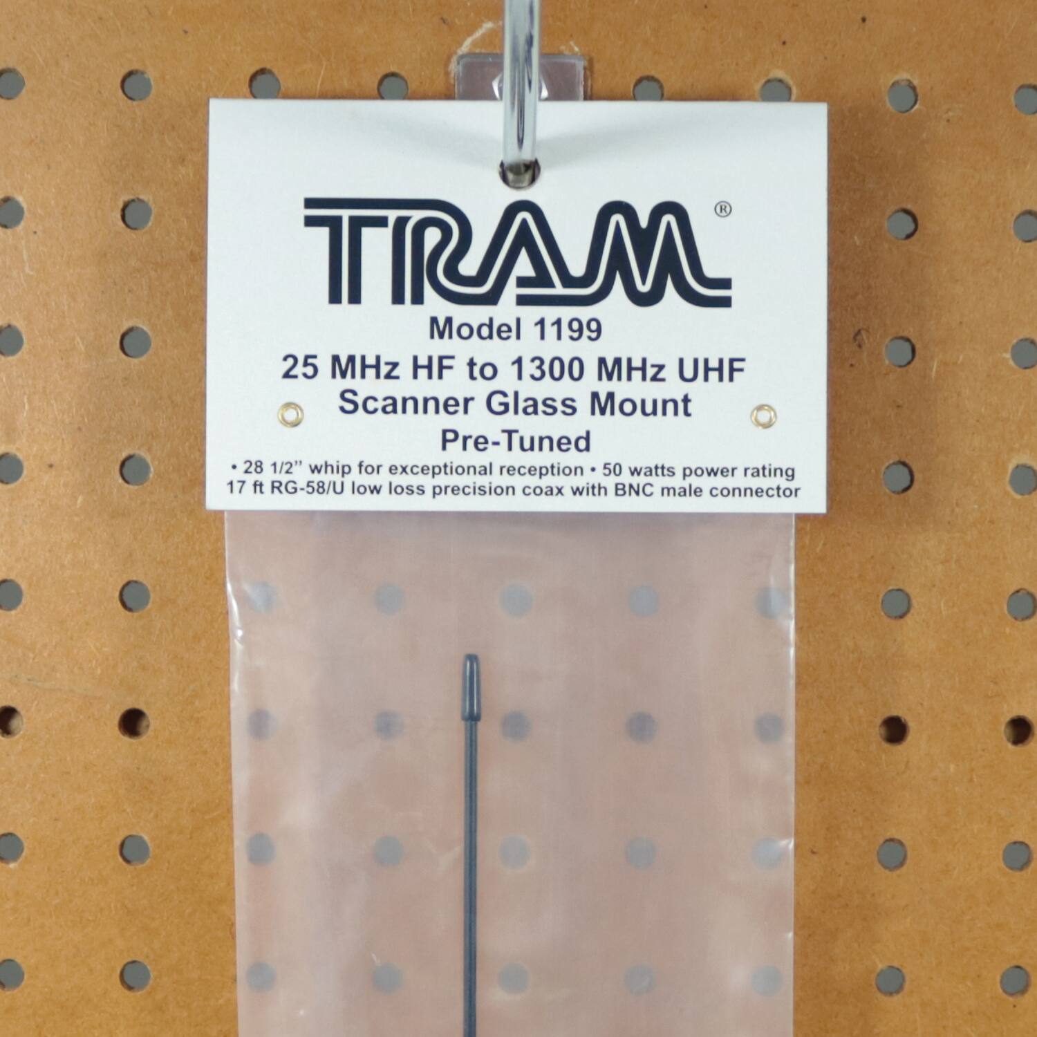 TRAM  
Model 1199  
25 MHz HF to 1300 MHz UHF Scanner Glass Mount  
Pre-Tuned  

- 28 1/2" whip for exceptional reception  
- 50 watts power rating  
- 17 ft RG-58/U low loss precision coax with BNC male connector