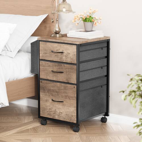 Alt View 1. Winado - Mobile Wood 3-Drawer Rolling Organizer File Cabinet with with 3 Fabric Drawers, Side Bag Under-Desk Storage for Office - Rustic Gray.