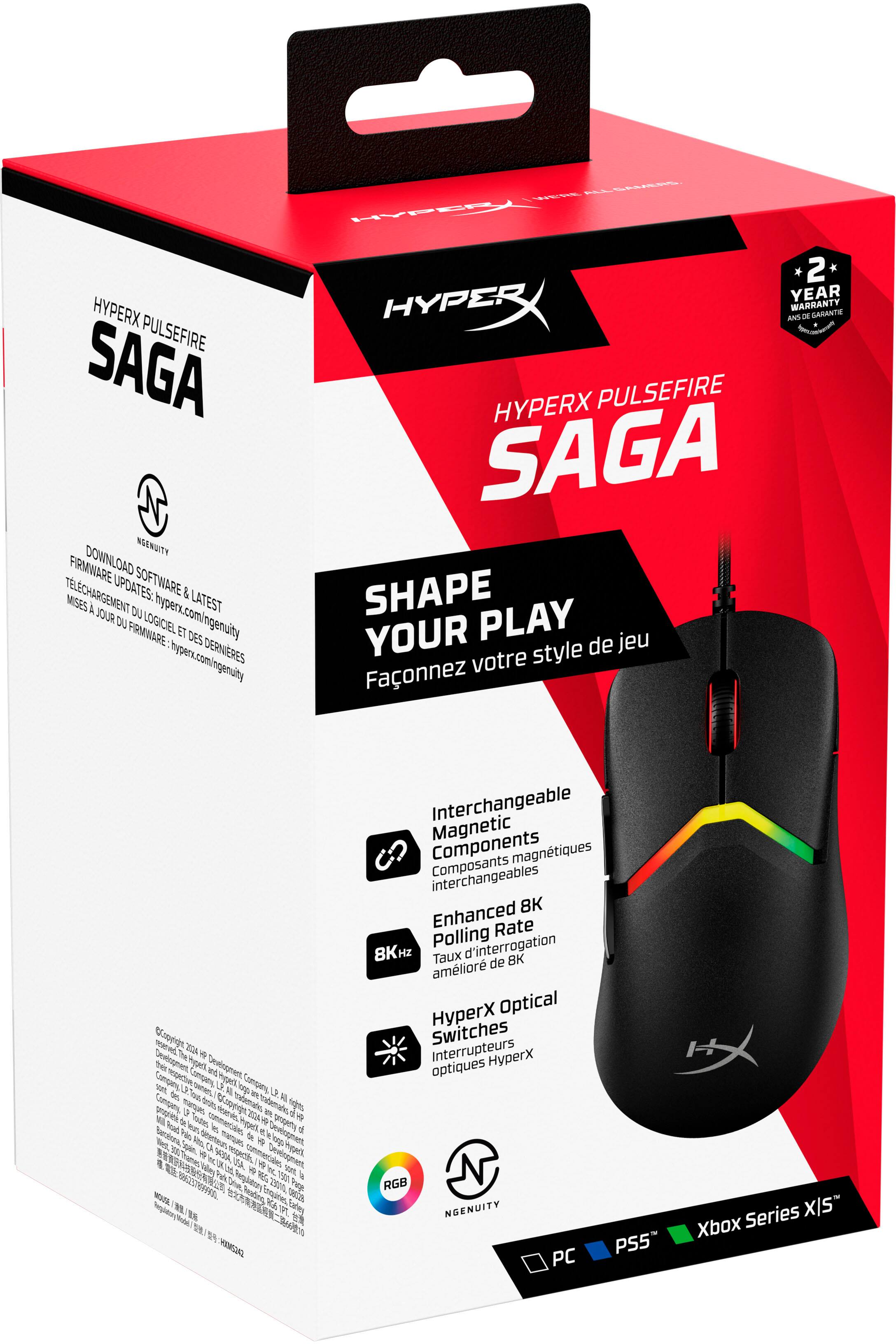 The text on the image reads:

"HYPERX PULSEFIRE SAGA NGRMDITY FIRMWARE DOWNLOAD TELSCHARGEMENT UPDATES: SOFTWARE & MISES A DU LATEST JOUR DU LOGICIEL hyperx.com/ngenuity FIRMIARE ET DES hyper.com/ngemuity DERNIERES * 2 HYPER YEAR WARRANTY ANS dE SARANTE A HYPERX PULSEFIRE SAGA SHAPE YOUR PLAY jeu style de votre Faonnez Cpt maed EA Th  ther hgal led Dmlogment Company  Company U ige Company som de Y Vtan Sane A o U LP trbeab A martues Parcib og cadenat te grpnes   w M Road fe Soudes commencales Hper 09 a ho leun ies * E  Berclona Bet AL ta manes  W p W Spin W 1A perti, hgel F ules O  NSA,  W b sen Fate NE 190 b  33011 Ta BROUTA hoading KA R02A Nepan   Carey o     HSD2 Interchangeable Magnetic Components magntiques interchangeables Composants 8K Enhanced Rate Polling d'interrogation 8KHz Taux 8K amlior de HyperX Optical Switches Interrupteurs HperX optiques RGB NGENUITY PS5 PC Series XIs Xbox"

The text is a mix of French and English, and it seems to be describing a HyperX Pulsefire Saga mouse. The text also mentions a firmware download, updates, and a two-year warranty. Additionally, it talks about interchangeable magnetic components and enhanced rate polling.