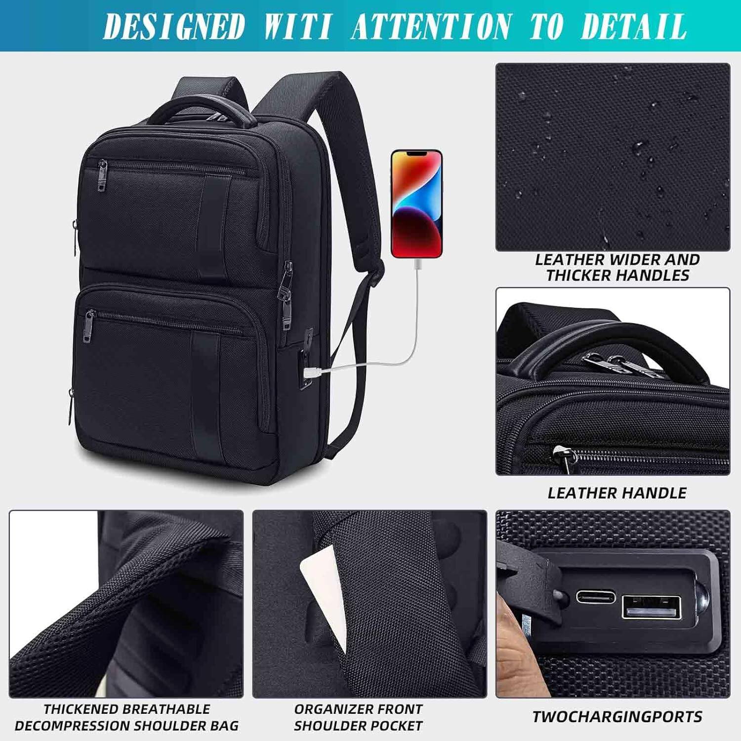 DESIGNED WITH ATTENTION TO DETAIL

- LEATHER WIDER AND THICKER HANDLES
- LEATHER HANDLE
- THICKENED BREATHABLE DECOMPRESSION SHOULDER BAG
- ORGANIZER FRONT SHOULDER POCKET
- TWO CHARGING PORTS