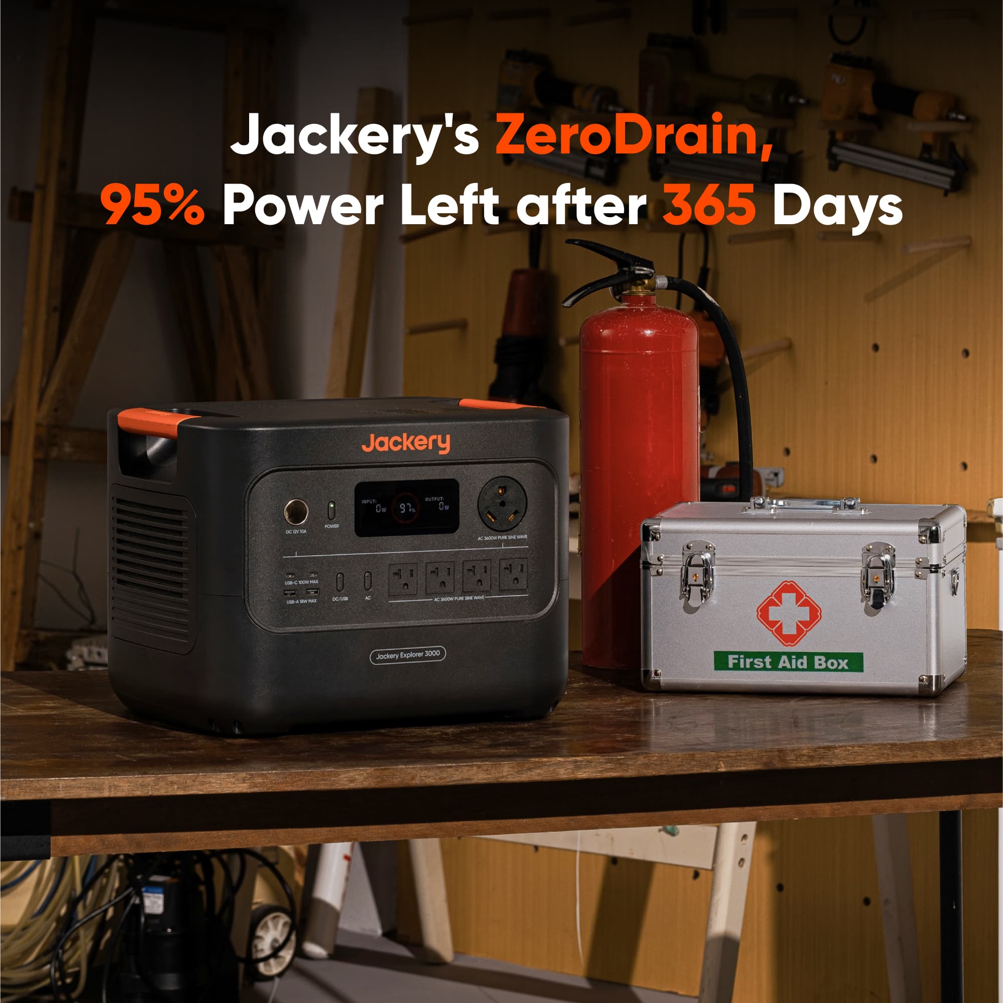 Jackery's ZeroDrain, 95% Power Left after 365 Days
Jackery Explore 3000
First Aid Box