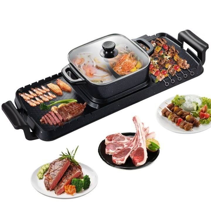Back. Mirfee - 2-in-1 Electric Grill and Hot Pot, 2400W Simultaneous Cooking, Dual Temp Control, Smokeless Nonstick Surface - Black.