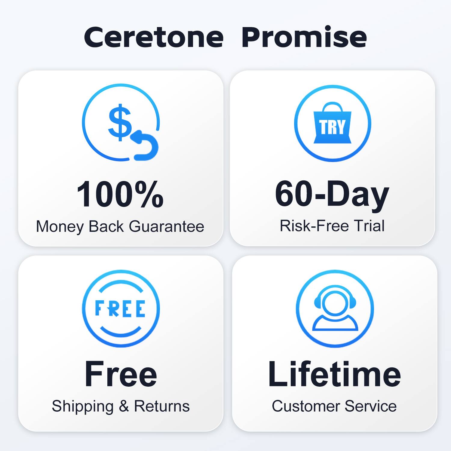Ceretone Promise

- 100% Money Back Guarantee
- 60-Day Risk-Free Trial
- Free Shipping & Returns
- Lifetime Customer Service
