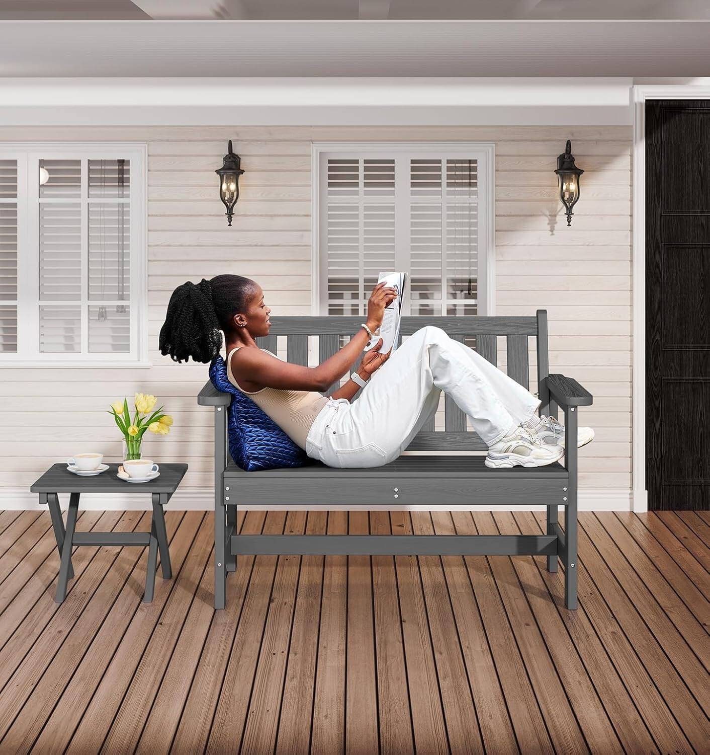 Alt View 1. SERWALL - SERWALL HDPE Outdoor Bench, 660 lbs Weight Capacity Weatherproof Porch Bench for Garden Park, Grey - Grey.