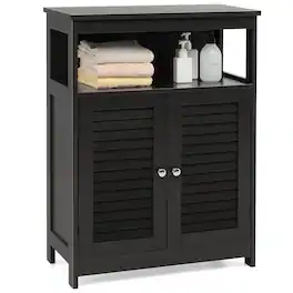 Costway - Bathroom Storage Wood Floor Cabinet with Double Shutter Door - Black