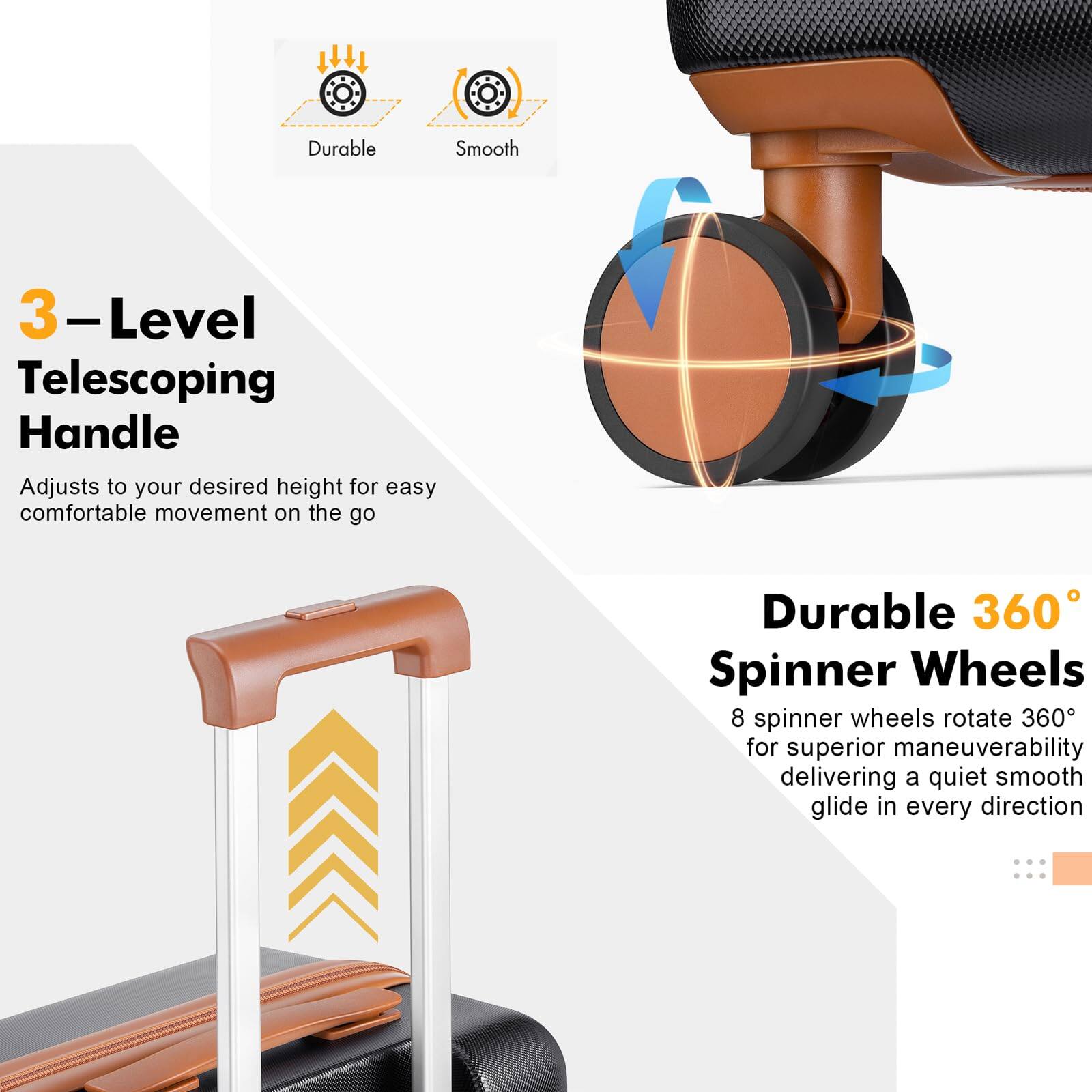 Durable Smooth  
3-Level Telescoping Handle  
Adjusts to your desired height for easy comfortable movement on the go  

Durable 360° Spinner Wheels  
8 spinner wheels rotate 360° for superior maneuverability, delivering a quiet smooth glide in every direction