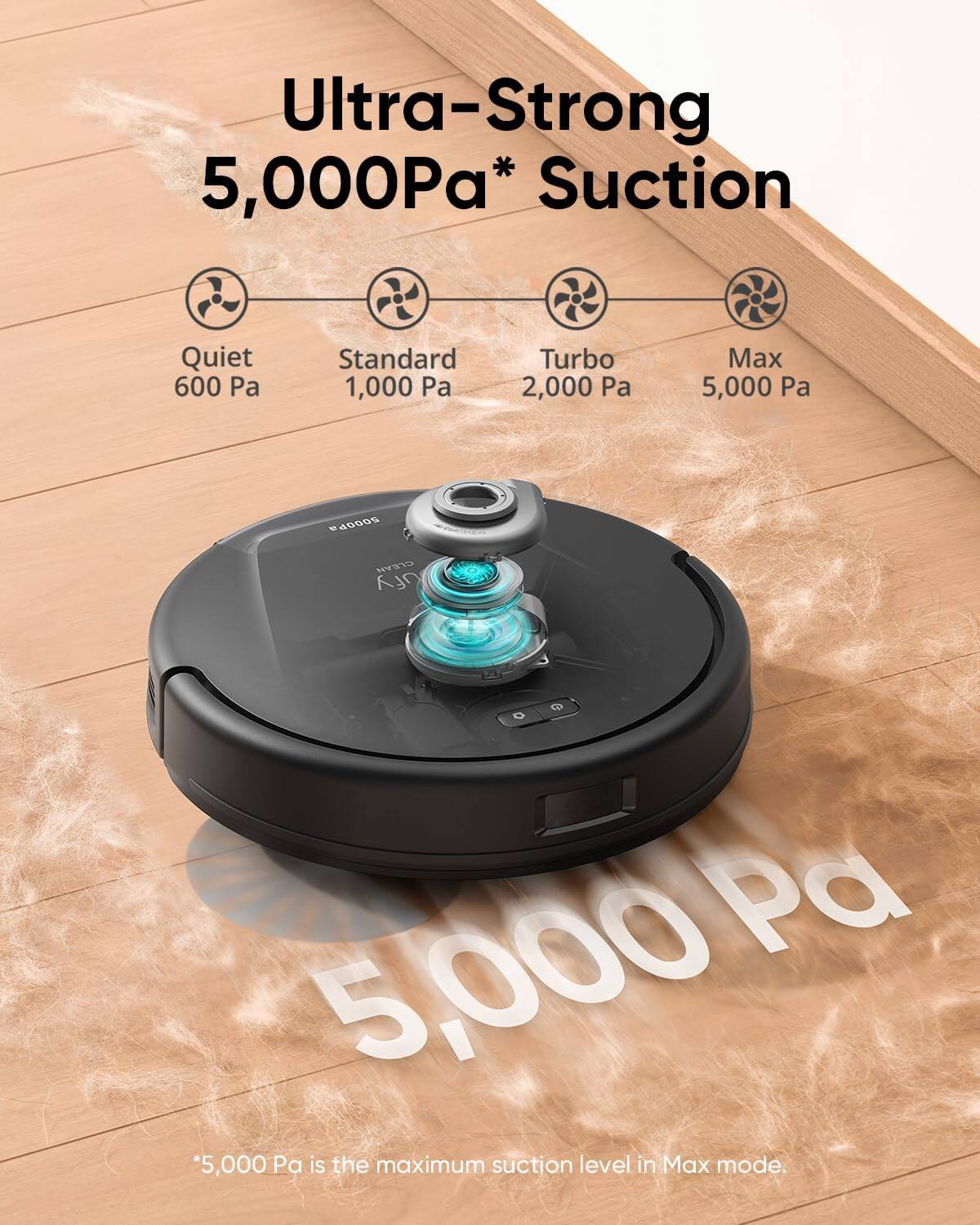 Ultra-Strong 5,000Pa* Suction

- Quiet 600 Pa
- Standard 1,000 Pa
- Turbo 2,000 Pa
- Max 5,000 Pa

*5,000 Pa is the maximum suction level in Max mode.