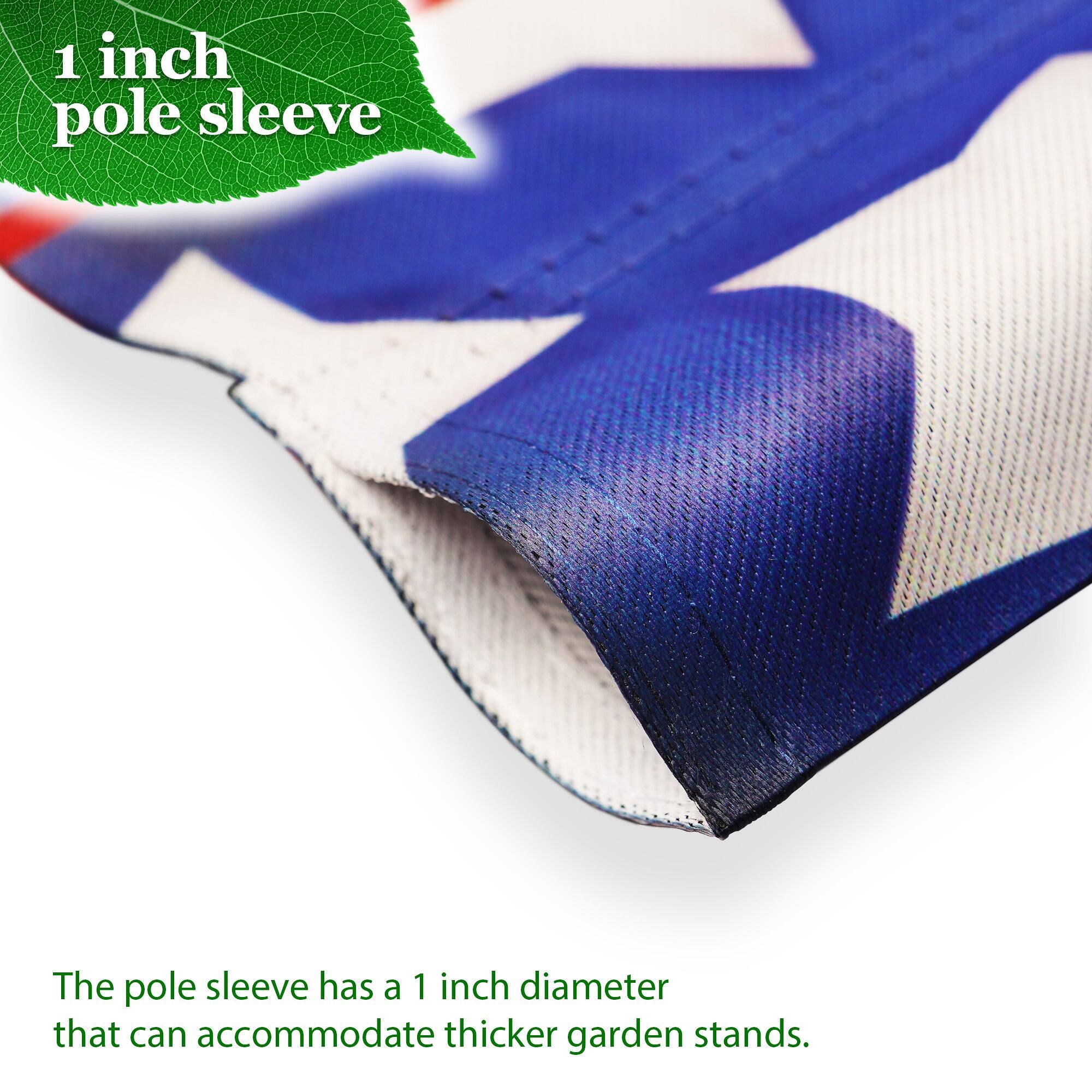 1 inch pole sleeve

The pole sleeve has a 1 inch diameter that can accommodate thicker garden stands.