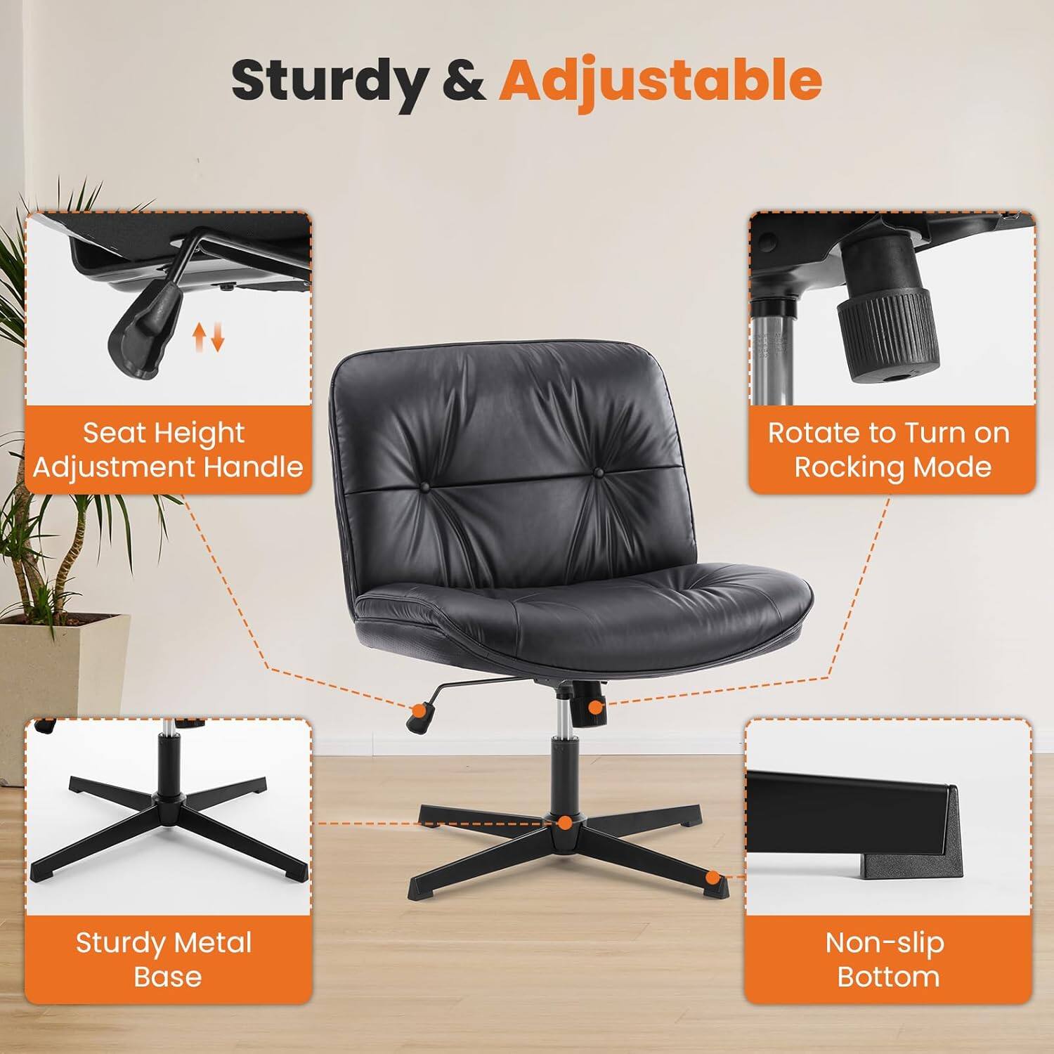 Sturdy & Adjustable

- Seat Height Adjustment Handle
- Rotate to Turn on Rocking Mode
- Sturdy Metal Base
- Non-slip Bottom