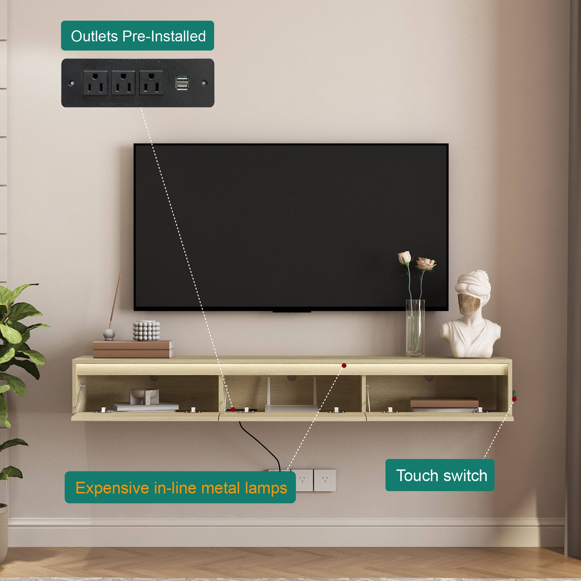 Outlets Pre-Installed  
Expensive in-line metal lamps  
Touch switch