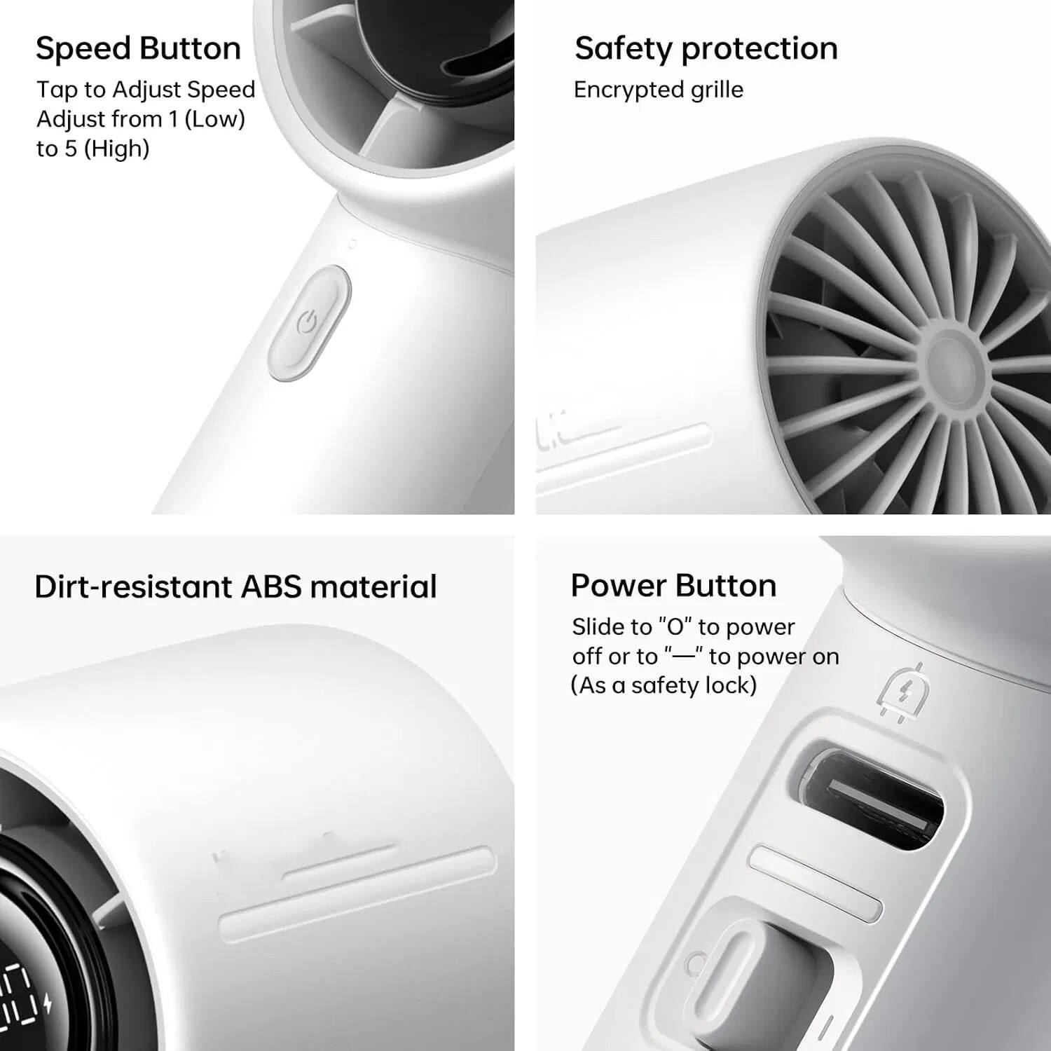 Speed Button  
Tap to Adjust Speed  
Adjust from 1 (Low) to 5 (High)  

Safety protection  
Encrypted grille  

Dirt-resistant ABS material  

Power Button  
Slide to "O" to power off or to "—" to power on (As a safety lock)