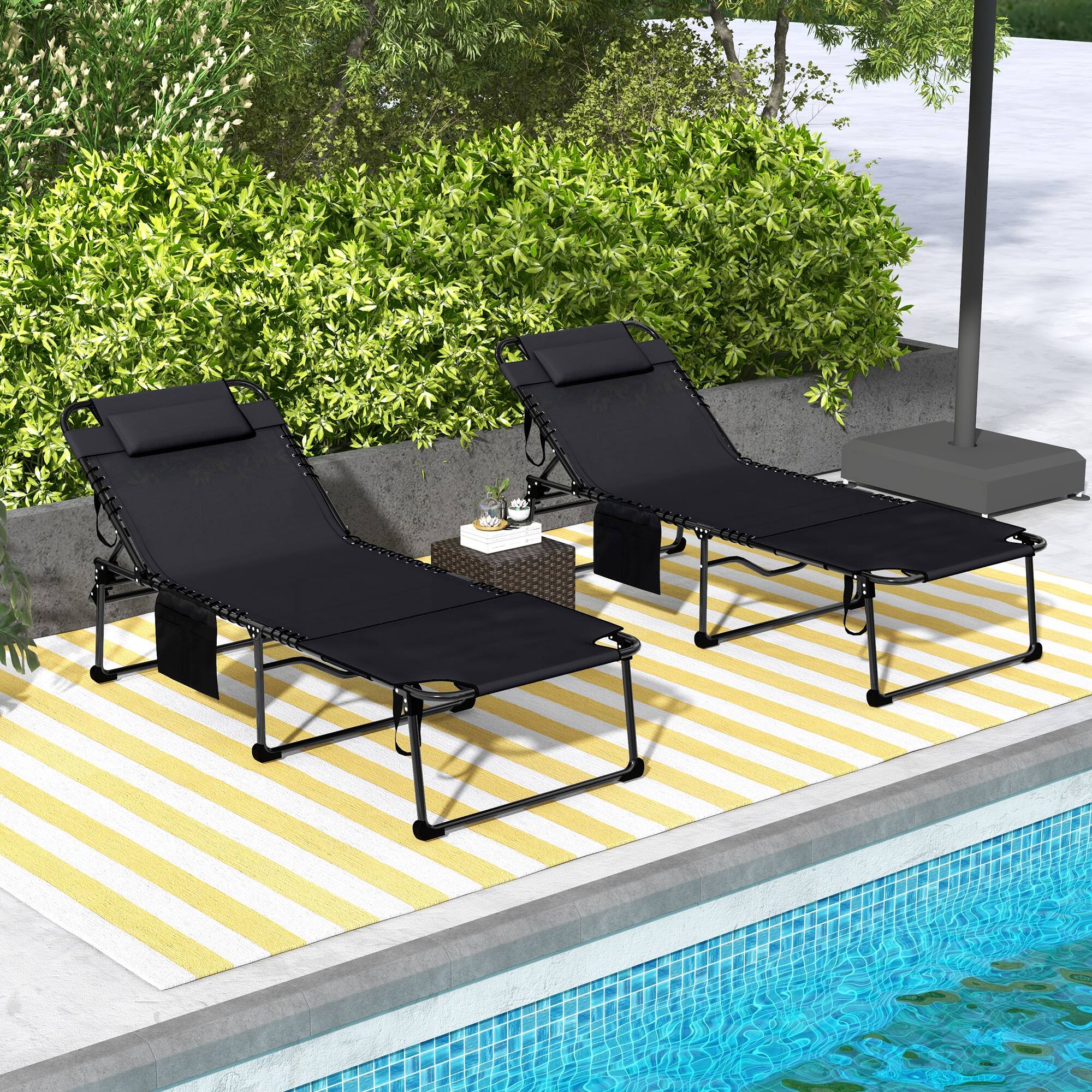 Alt View 1. Outsunny - 2 Piece Folding Chaise Lounge with 5-level Reclining Back, Tanning Chair with Face Hole, Outdoor Lounge Chair - Black.