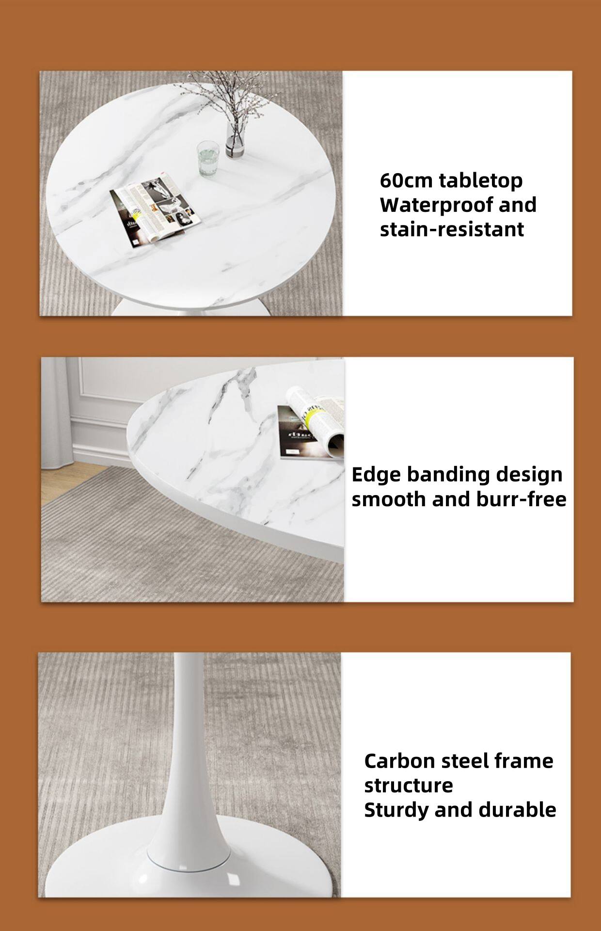 - 60cm tabletop
- Waterproof and stain-resistant
- Edge banding design smooth and burr-free
- Carbon steel frame structure
- Sturdy and durable