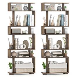 Costway - 2 PCS Bookcase 6-Tier Bookshelf with Anti-Tipping Kit Freestanding Display Shelf - Brown