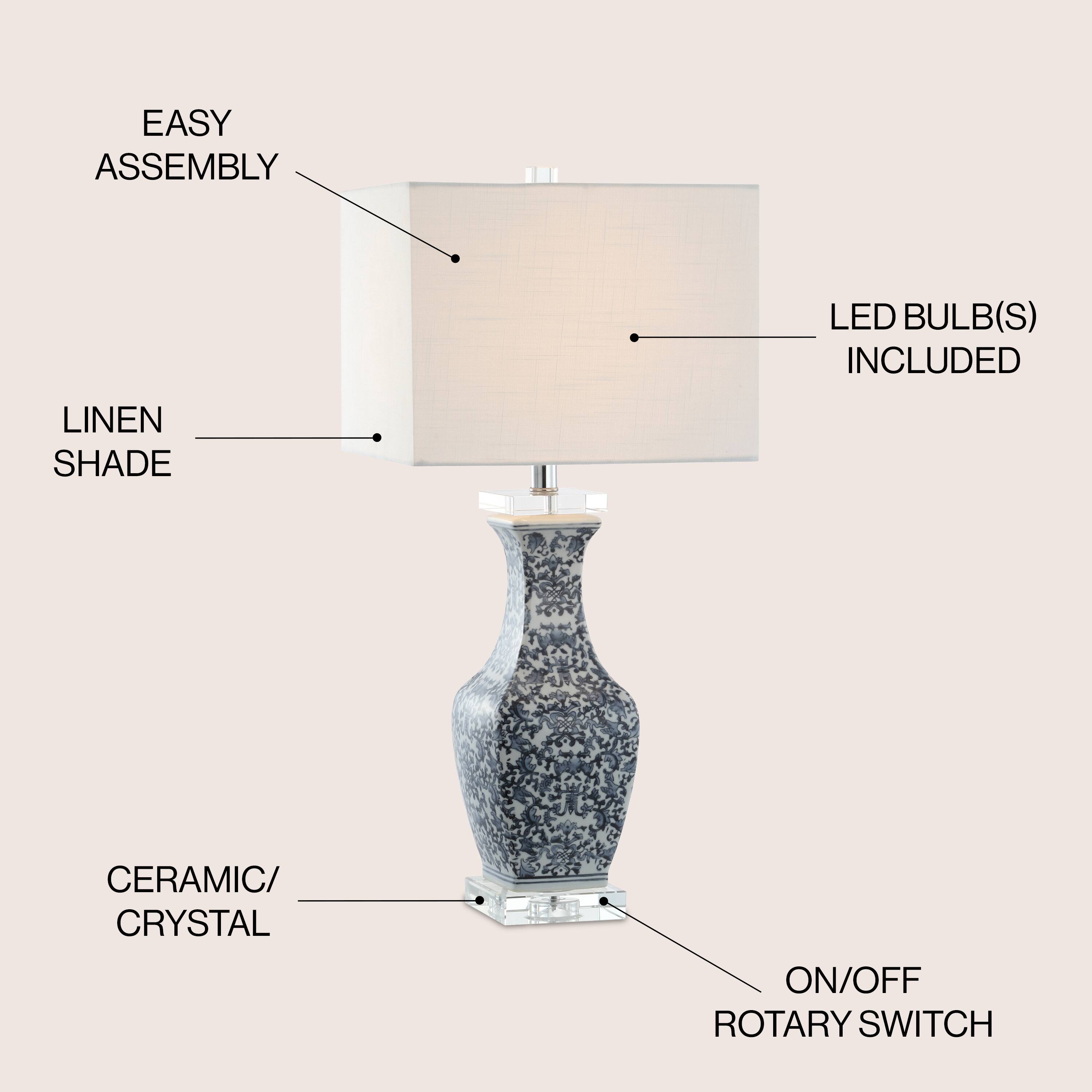 EASY ASSEMBLY  
LED BULB(S) INCLUDED  
LINEN SHADE  
CERAMIC/CRYSTAL  
ON/OFF ROTARY SWITCH