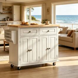 Whisen - Rolling Kitchen Island Cart with Rubberwood Countertop and Ample Storage Shelves - White