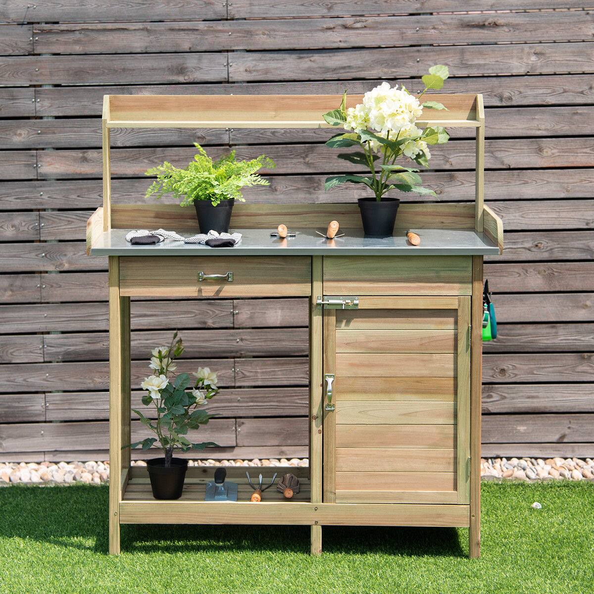 Alt View 3. Costway - Outdoor Potting Bench Garden Wooden Work Station Metal Tabletop Cabinet Drawer - Natural.