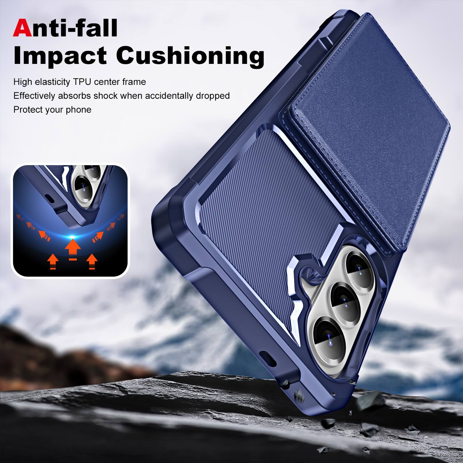 Anti-fall Impact Cushioning

High elasticity TPU center frame  
Effectively absorbs shock when accidentally dropped  
Protect your phone