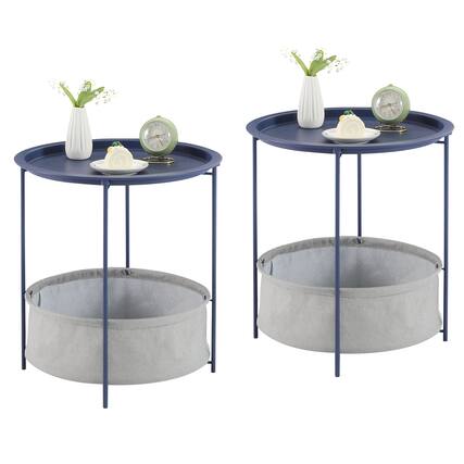 Front. Vecelo - Set of 2 Foldable Metal Side Table with Removable Tray, Round Indoor Outdoor End Table for Living Room or Patio - With basket 2PCS Blue.